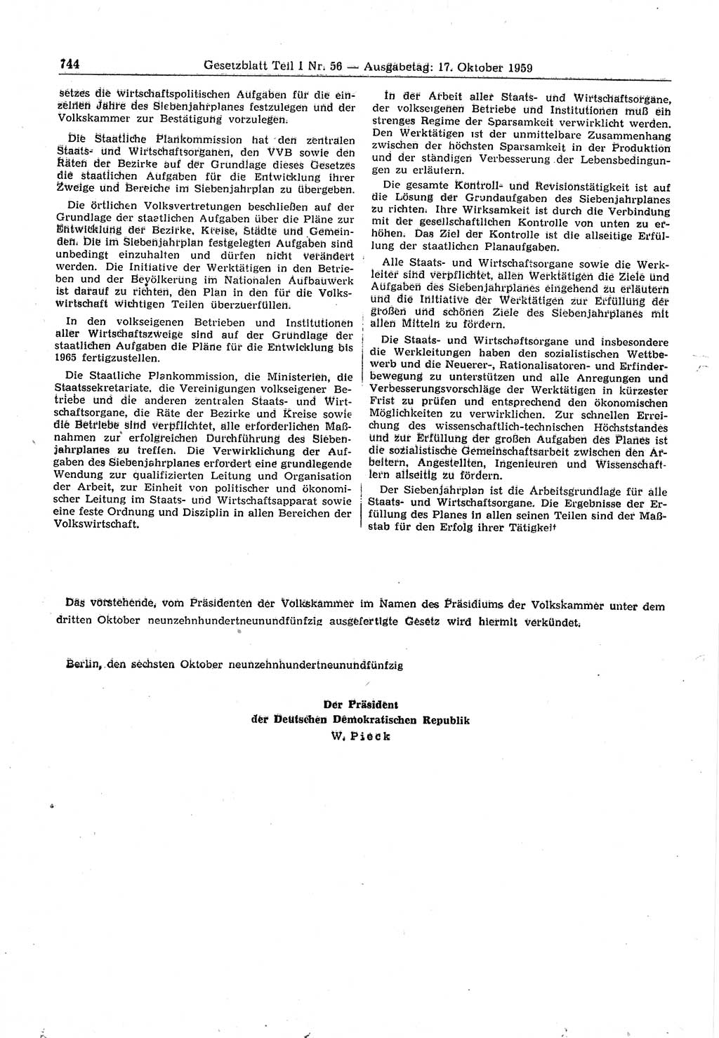 Gesetzblatt (GBl.) der Deutschen Demokratischen Republik (DDR) Teil Ⅰ 1959, Seite 744 (GBl. DDR Ⅰ 1959, S. 744)
