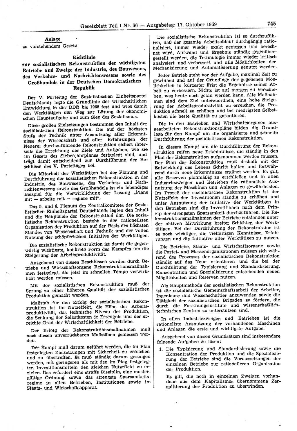 Gesetzblatt (GBl.) der Deutschen Demokratischen Republik (DDR) Teil Ⅰ 1959, Seite 745 (GBl. DDR Ⅰ 1959, S. 745)
