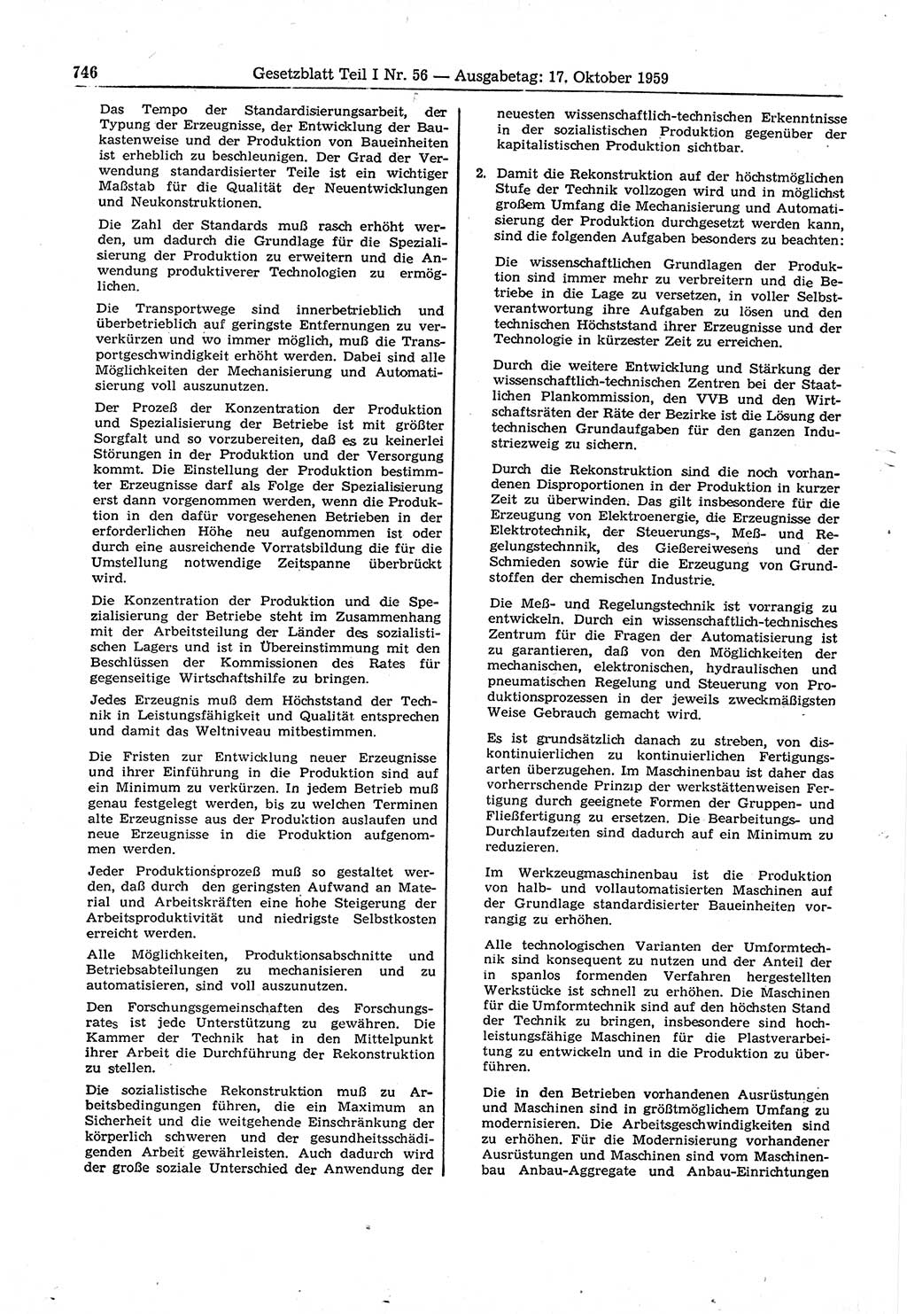 Gesetzblatt (GBl.) der Deutschen Demokratischen Republik (DDR) Teil Ⅰ 1959, Seite 746 (GBl. DDR Ⅰ 1959, S. 746)