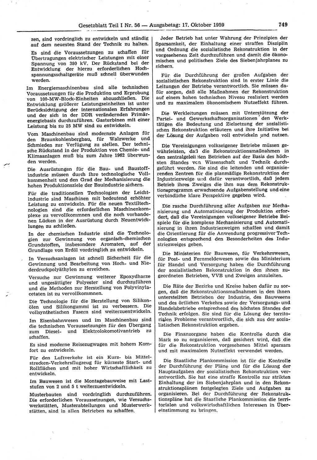 Gesetzblatt (GBl.) der Deutschen Demokratischen Republik (DDR) Teil Ⅰ 1959, Seite 749 (GBl. DDR Ⅰ 1959, S. 749)