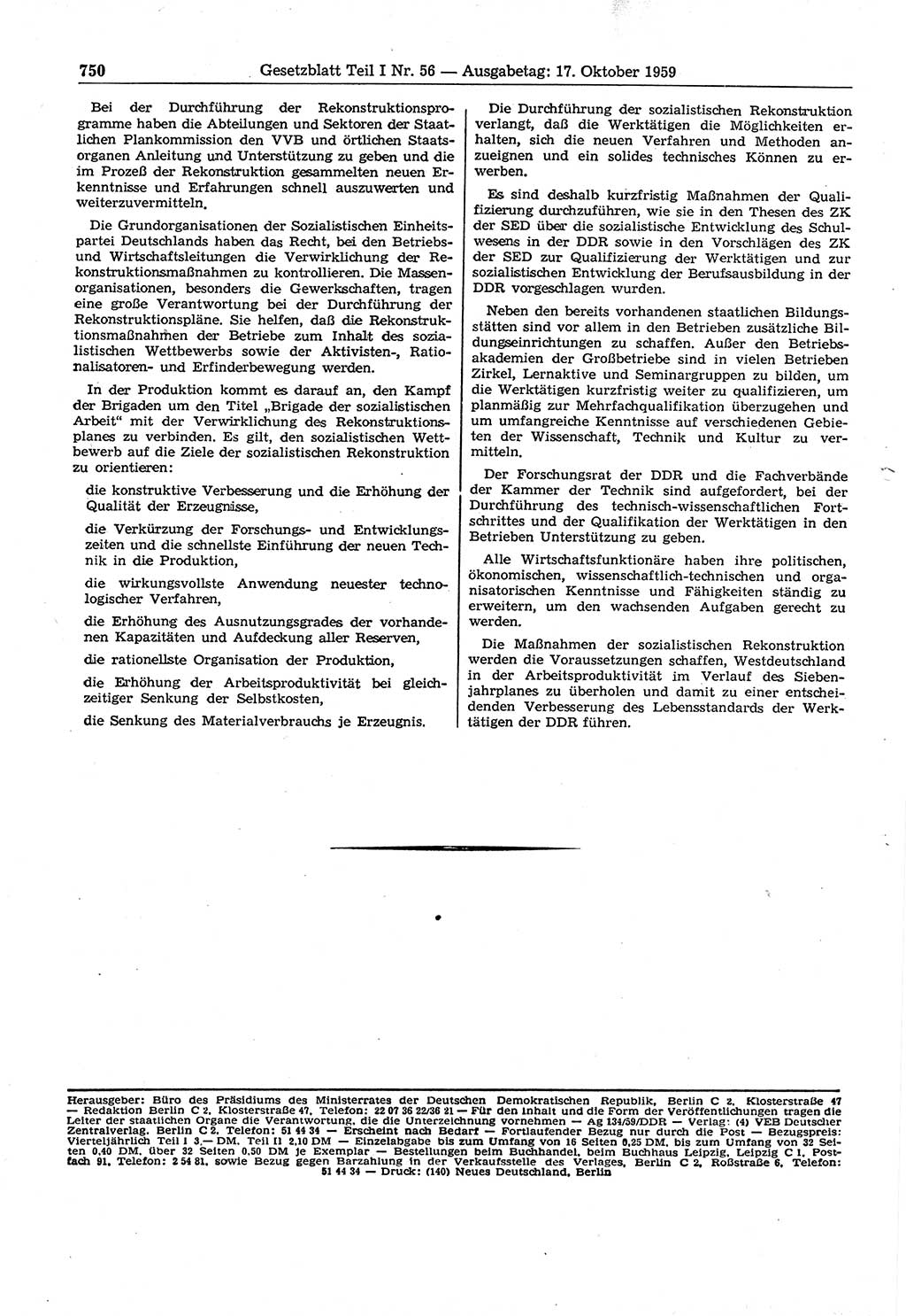 Gesetzblatt (GBl.) der Deutschen Demokratischen Republik (DDR) Teil Ⅰ 1959, Seite 750 (GBl. DDR Ⅰ 1959, S. 750)