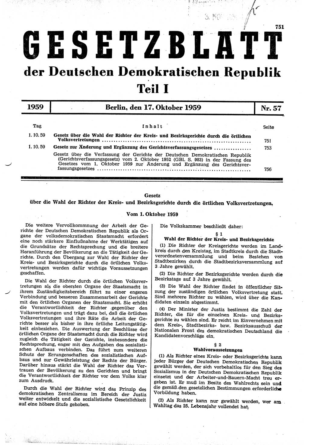 Gesetzblatt (GBl.) der Deutschen Demokratischen Republik (DDR) Teil Ⅰ 1959, Seite 751 (GBl. DDR Ⅰ 1959, S. 751)