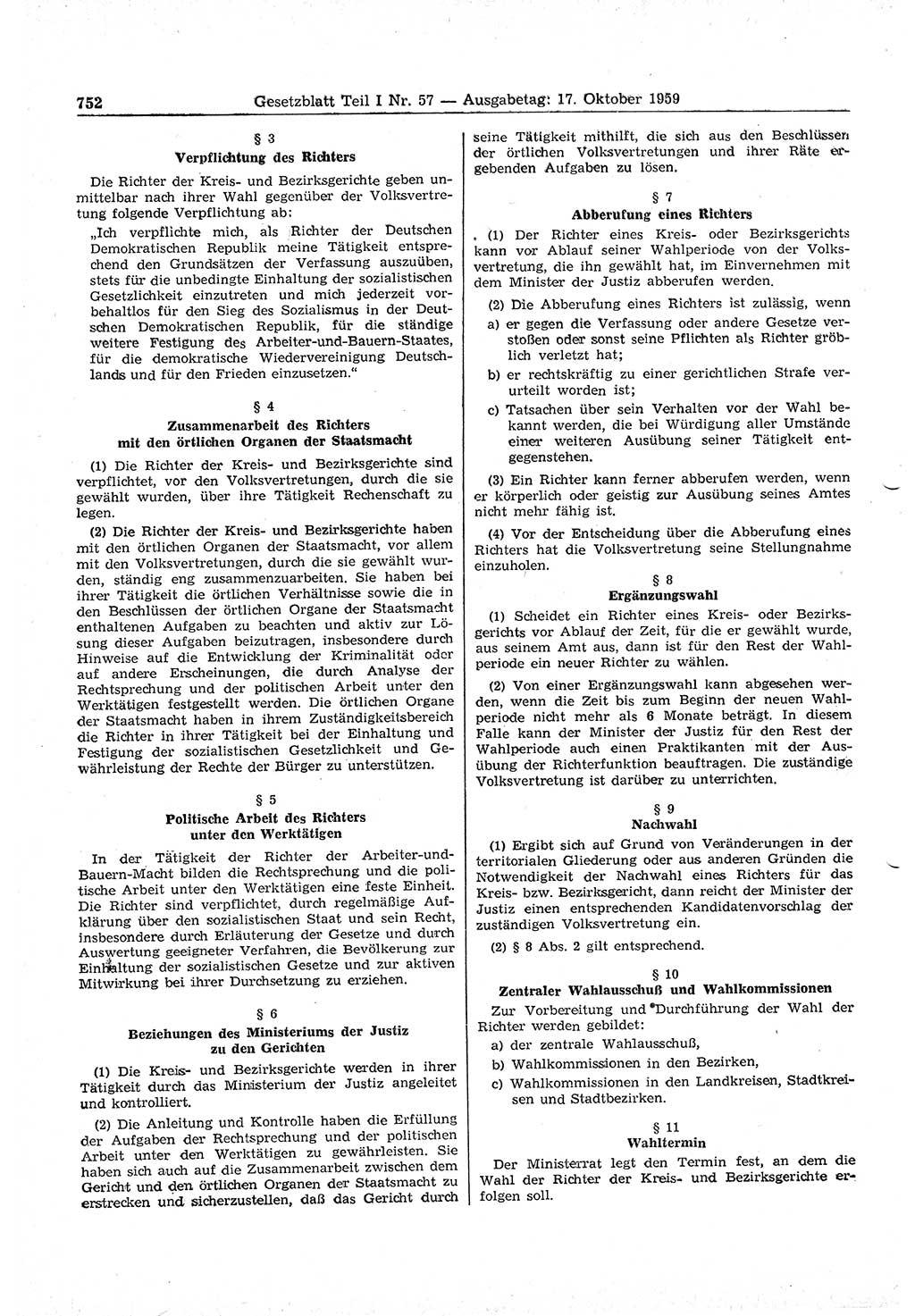 Gesetzblatt (GBl.) der Deutschen Demokratischen Republik (DDR) Teil Ⅰ 1959, Seite 752 (GBl. DDR Ⅰ 1959, S. 752)