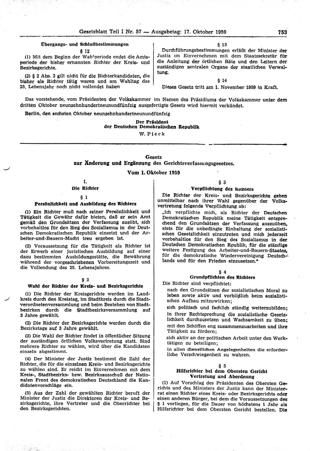 Gesetzblatt (GBl.) der Deutschen Demokratischen Republik (DDR) Teil Ⅰ 1959, Seite 753 (GBl. DDR Ⅰ 1959, S. 753)