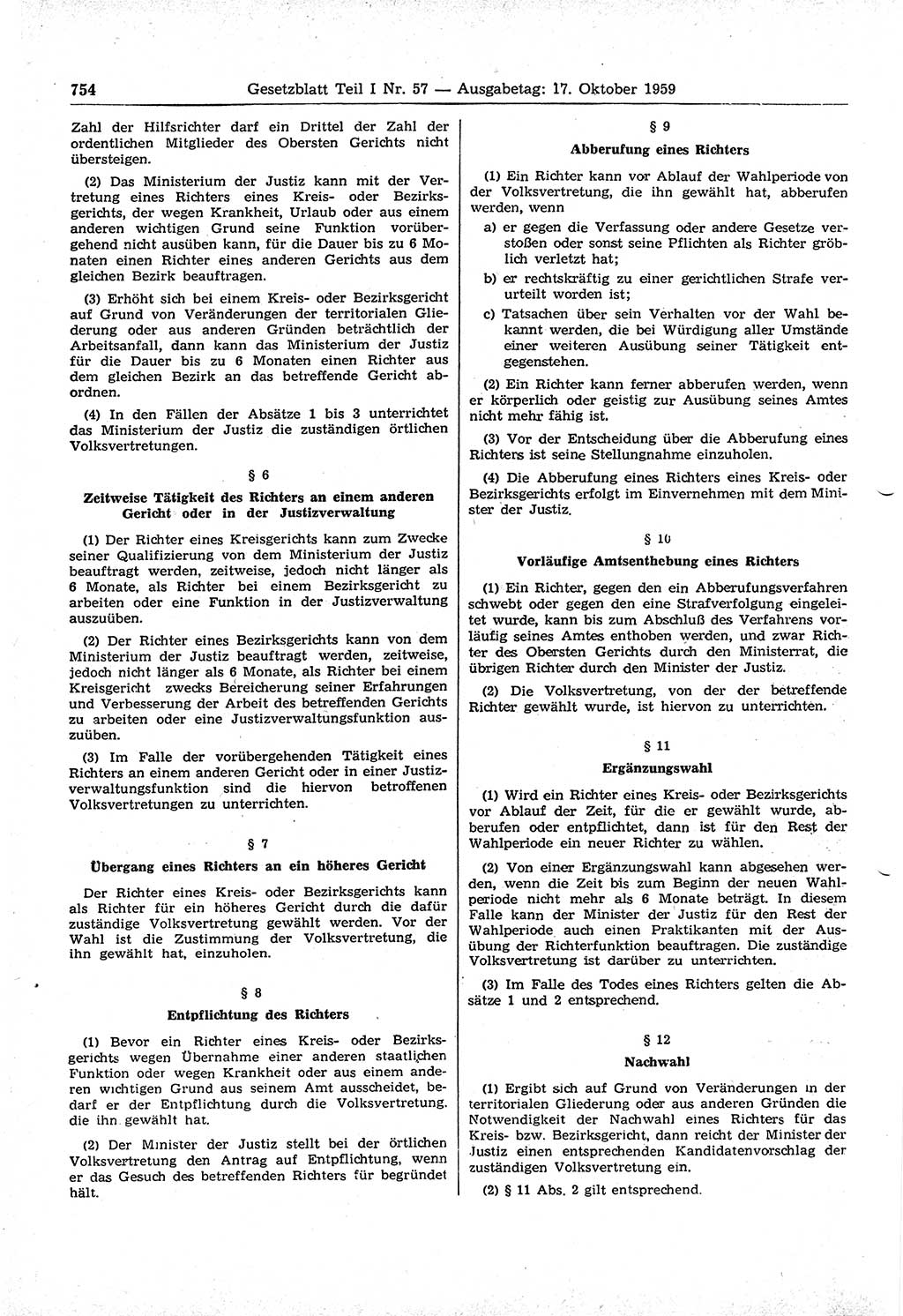 Gesetzblatt (GBl.) der Deutschen Demokratischen Republik (DDR) Teil Ⅰ 1959, Seite 754 (GBl. DDR Ⅰ 1959, S. 754)
