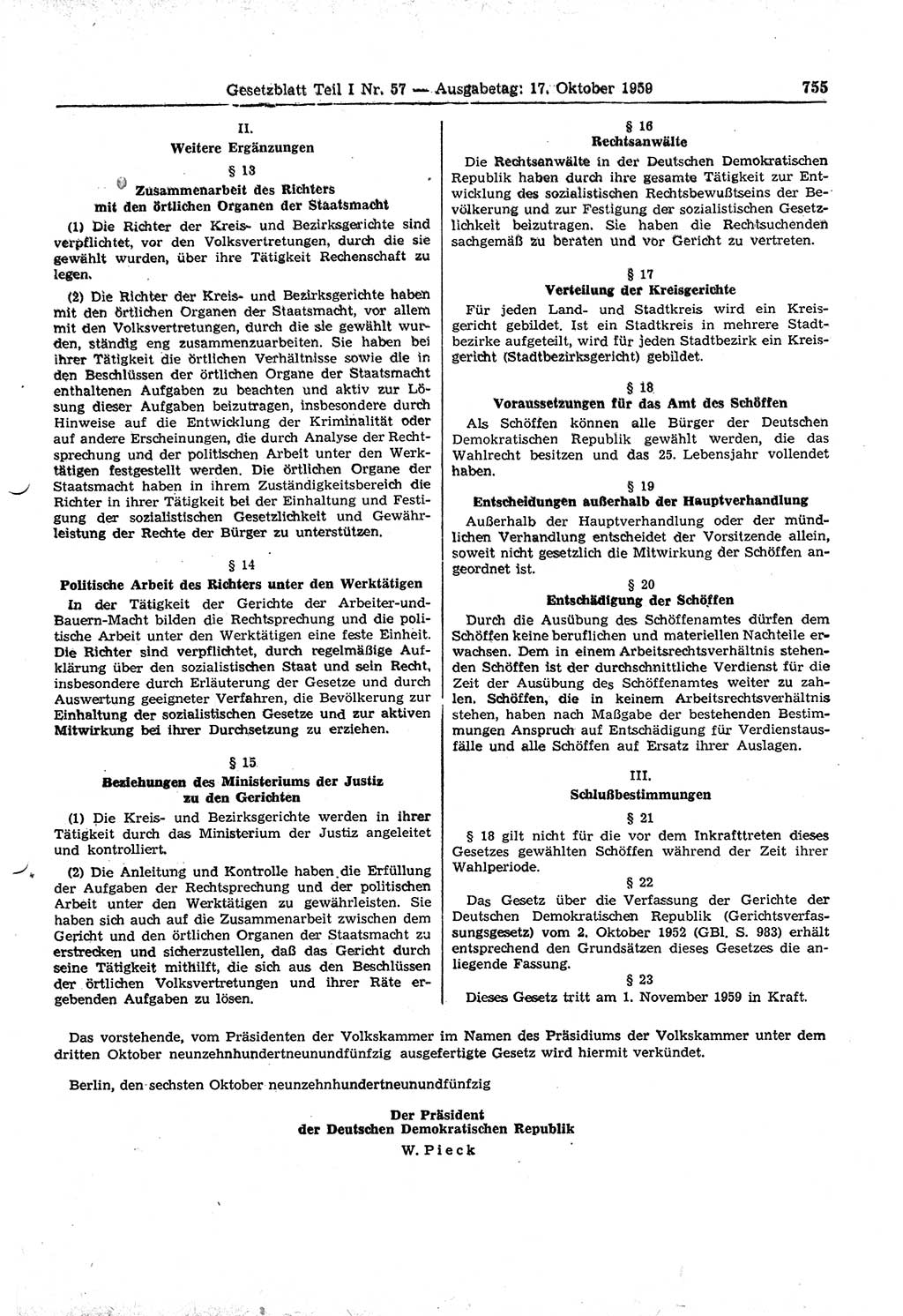 Gesetzblatt (GBl.) der Deutschen Demokratischen Republik (DDR) Teil Ⅰ 1959, Seite 755 (GBl. DDR Ⅰ 1959, S. 755)