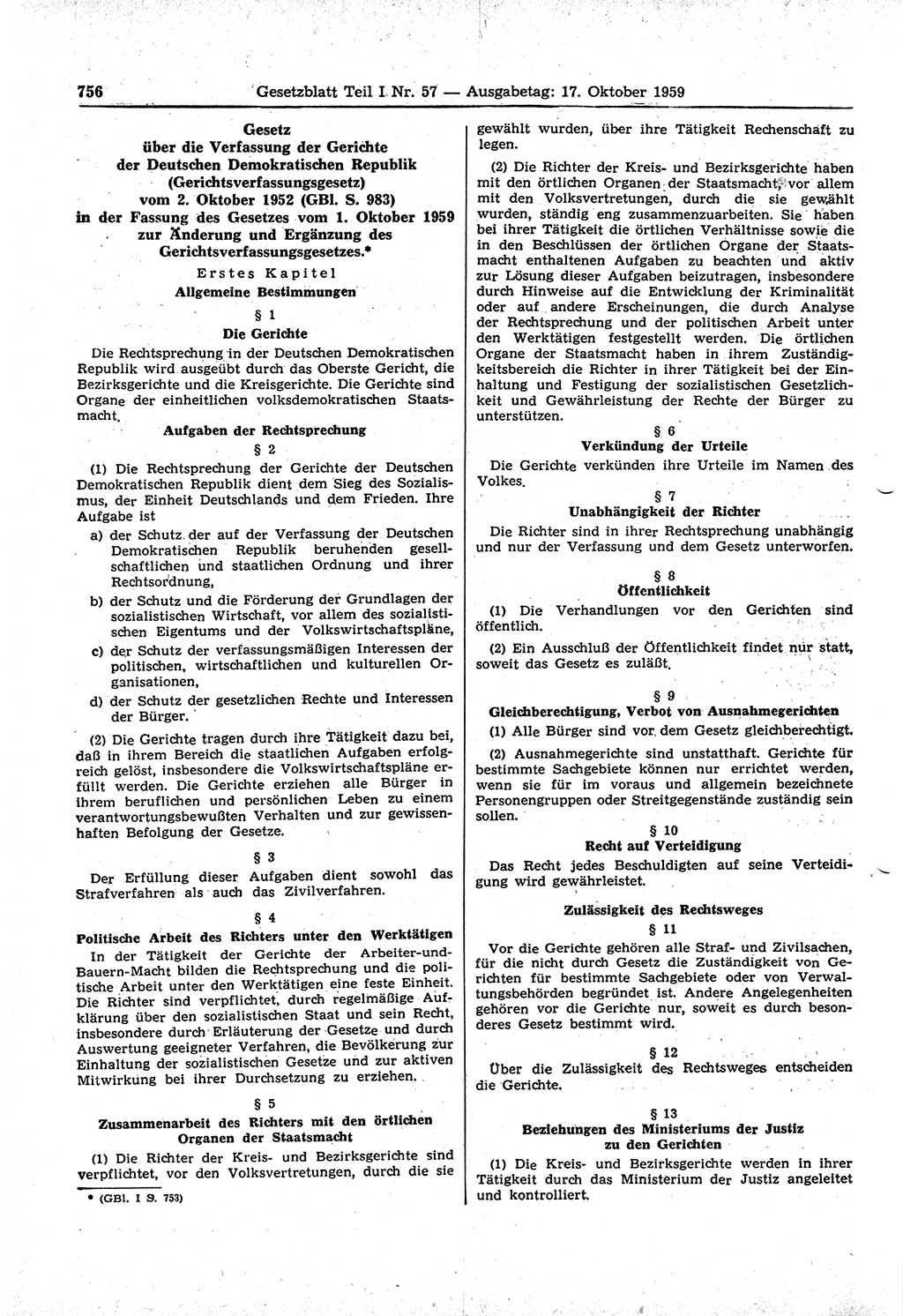 Gesetzblatt (GBl.) der Deutschen Demokratischen Republik (DDR) Teil Ⅰ 1959, Seite 756 (GBl. DDR Ⅰ 1959, S. 756)