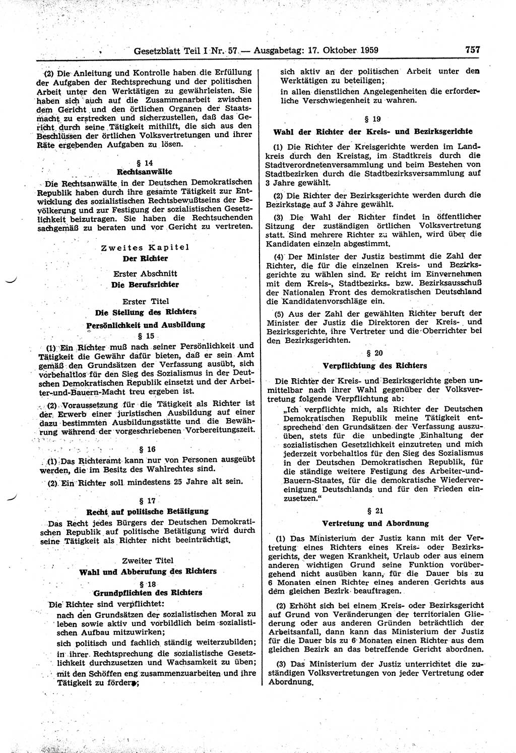 Gesetzblatt (GBl.) der Deutschen Demokratischen Republik (DDR) Teil Ⅰ 1959, Seite 757 (GBl. DDR Ⅰ 1959, S. 757)