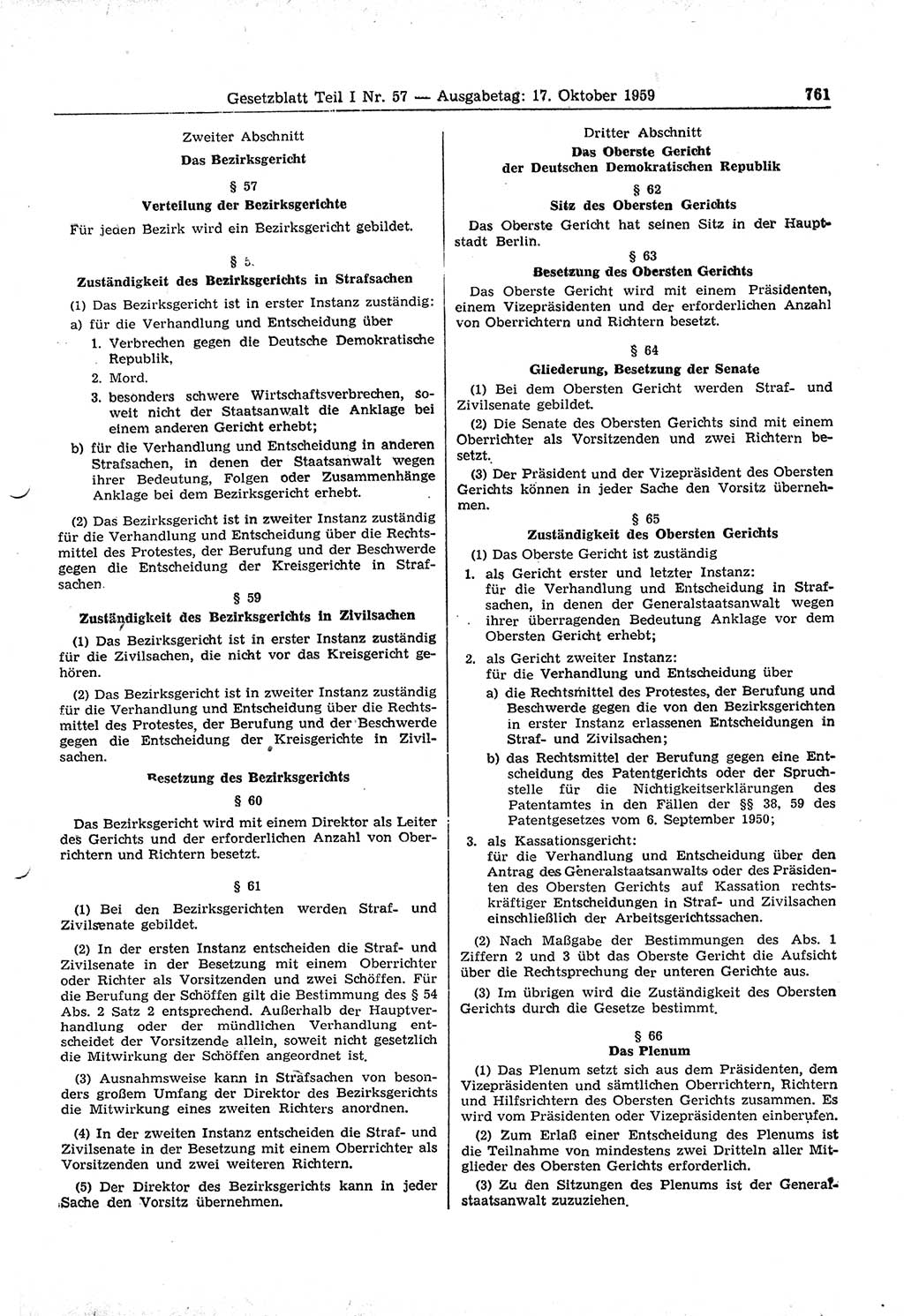 Gesetzblatt (GBl.) der Deutschen Demokratischen Republik (DDR) Teil Ⅰ 1959, Seite 761 (GBl. DDR Ⅰ 1959, S. 761)