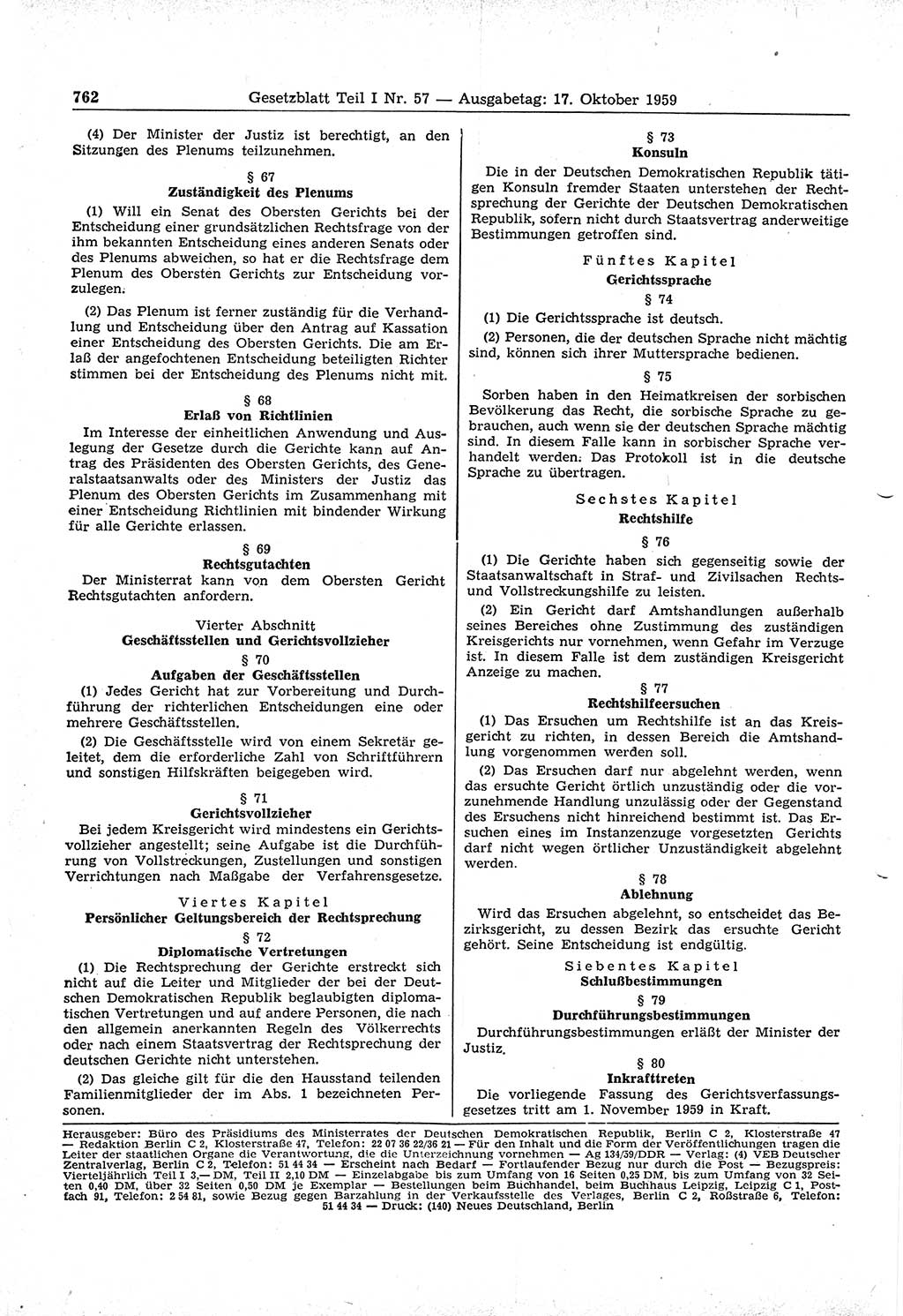 Gesetzblatt (GBl.) der Deutschen Demokratischen Republik (DDR) Teil Ⅰ 1959, Seite 762 (GBl. DDR Ⅰ 1959, S. 762)