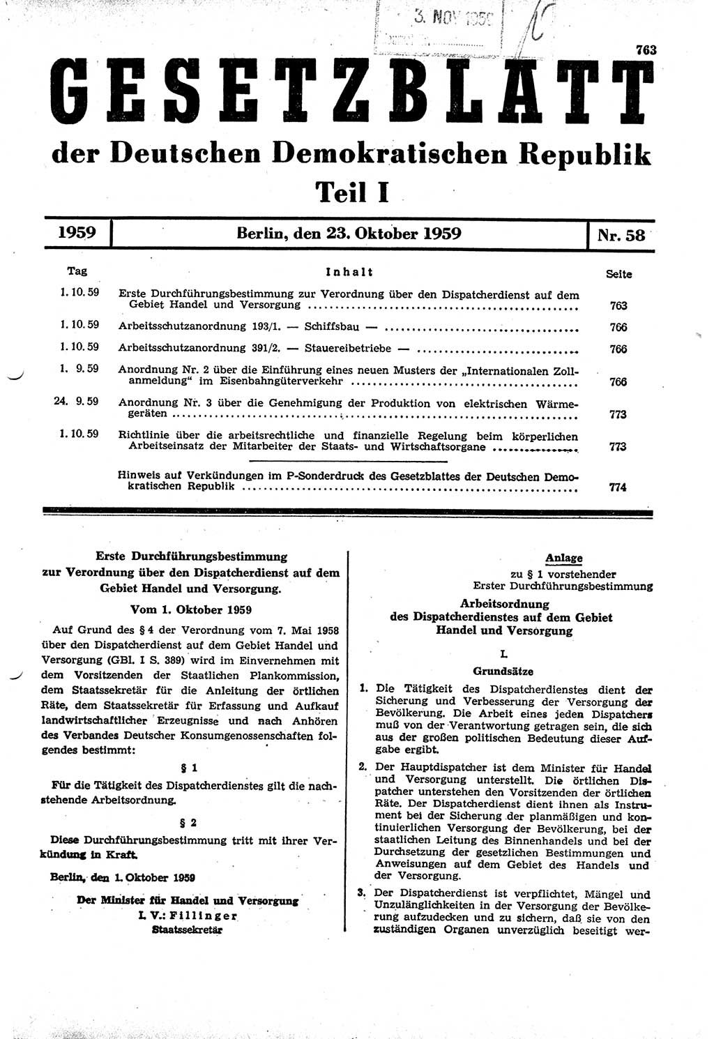 Gesetzblatt (GBl.) der Deutschen Demokratischen Republik (DDR) Teil Ⅰ 1959, Seite 763 (GBl. DDR Ⅰ 1959, S. 763)