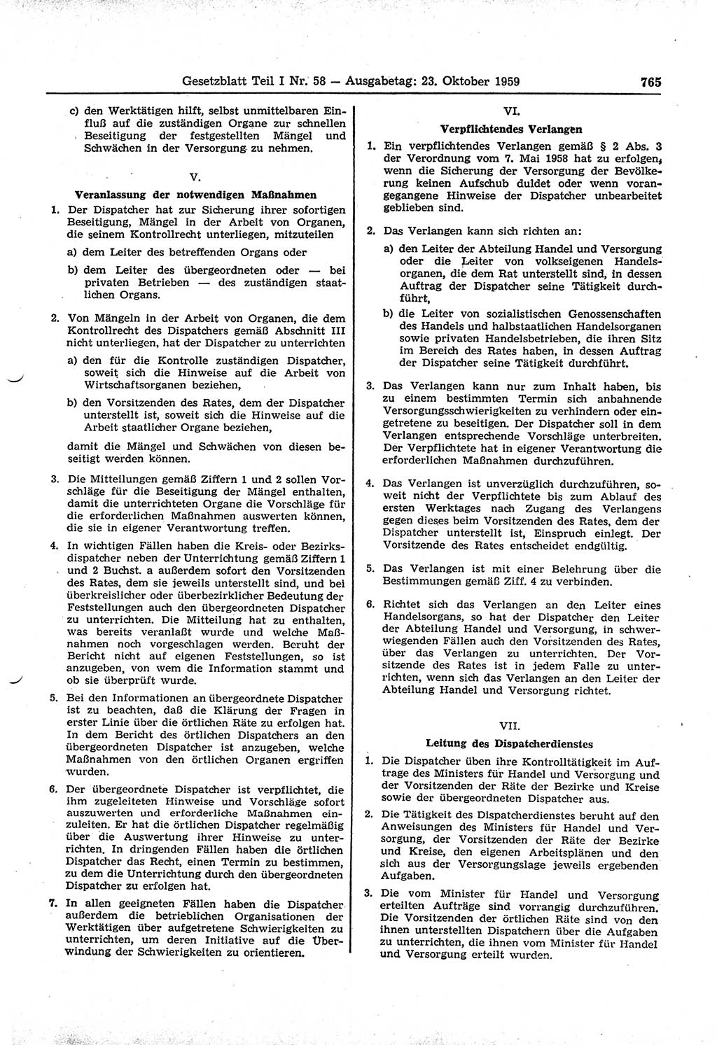 Gesetzblatt (GBl.) der Deutschen Demokratischen Republik (DDR) Teil Ⅰ 1959, Seite 765 (GBl. DDR Ⅰ 1959, S. 765)