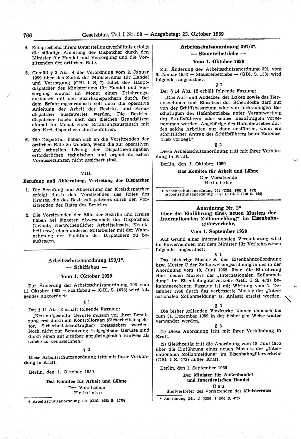 Gesetzblatt (GBl.) der Deutschen Demokratischen Republik (DDR) Teil Ⅰ 1959, Seite 766 (GBl. DDR Ⅰ 1959, S. 766)