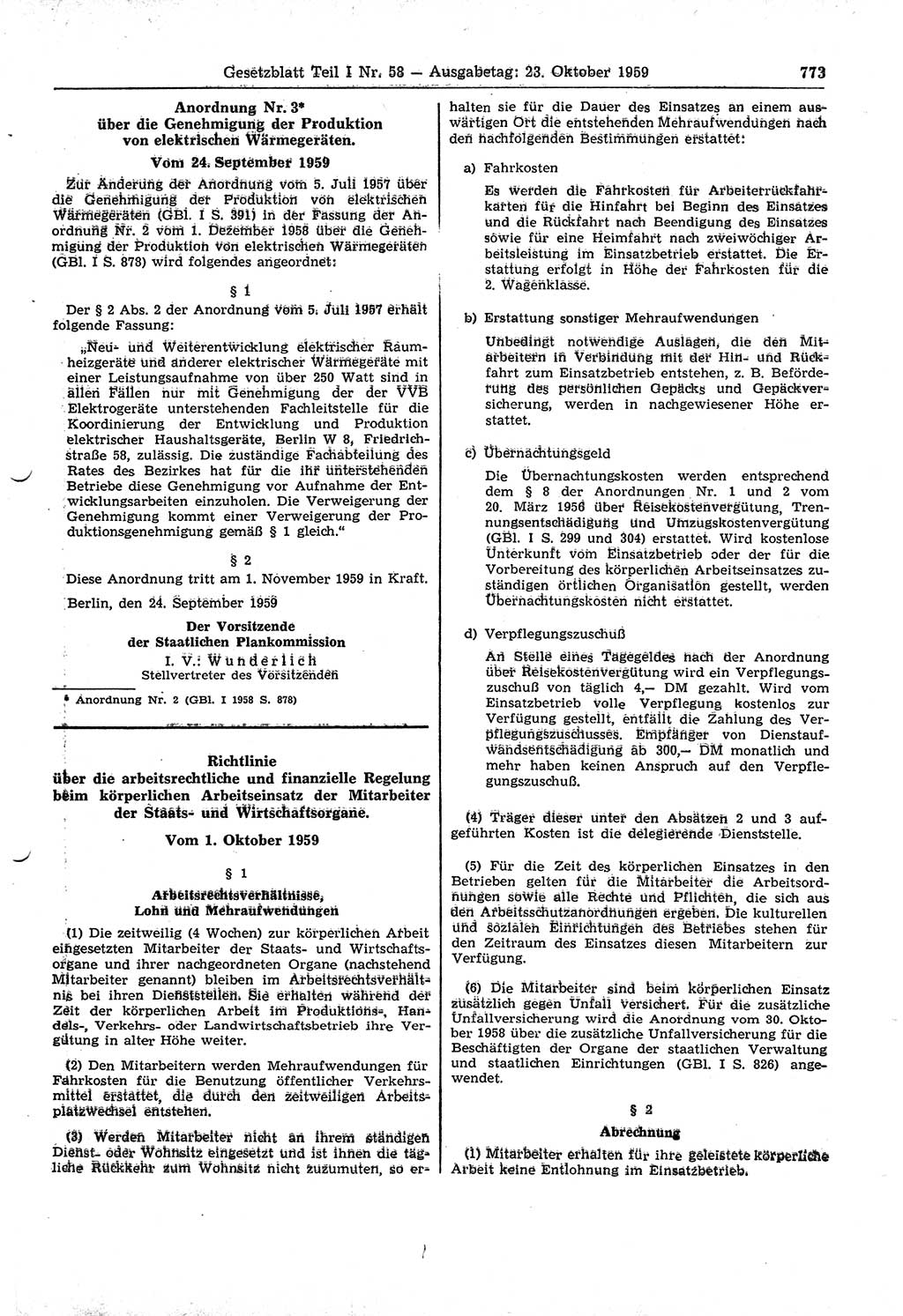 Gesetzblatt (GBl.) der Deutschen Demokratischen Republik (DDR) Teil Ⅰ 1959, Seite 773 (GBl. DDR Ⅰ 1959, S. 773)