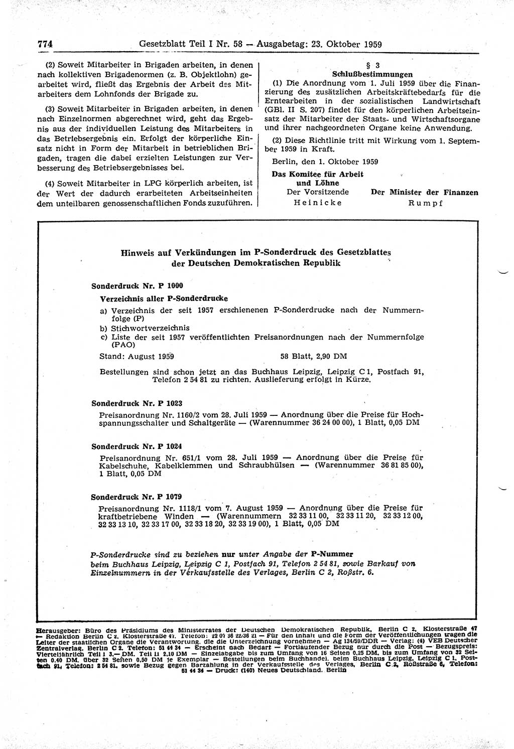 Gesetzblatt (GBl.) der Deutschen Demokratischen Republik (DDR) Teil Ⅰ 1959, Seite 774 (GBl. DDR Ⅰ 1959, S. 774)