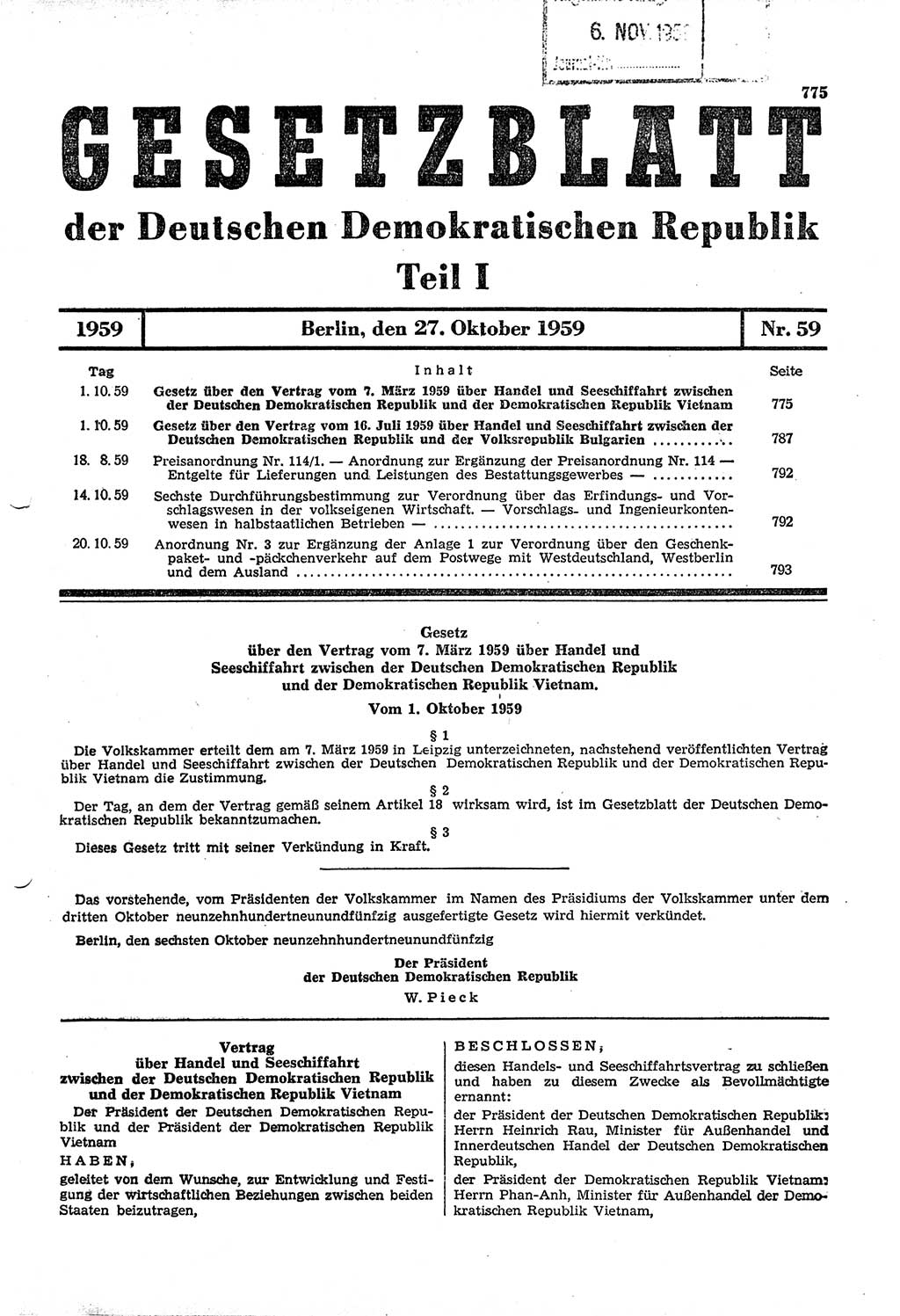 Gesetzblatt (GBl.) der Deutschen Demokratischen Republik (DDR) Teil Ⅰ 1959, Seite 775 (GBl. DDR Ⅰ 1959, S. 775)