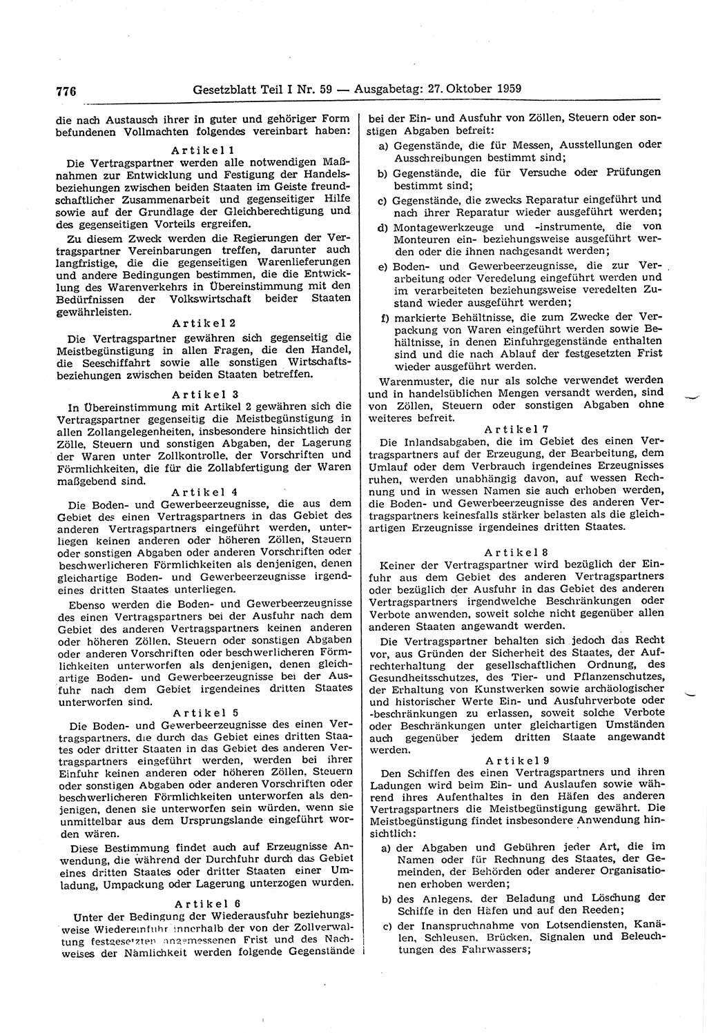 Gesetzblatt (GBl.) der Deutschen Demokratischen Republik (DDR) Teil Ⅰ 1959, Seite 776 (GBl. DDR Ⅰ 1959, S. 776)