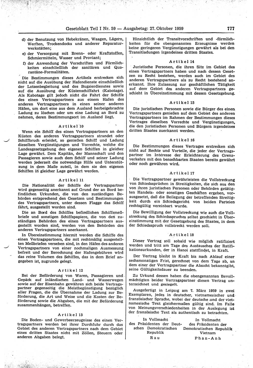 Gesetzblatt (GBl.) der Deutschen Demokratischen Republik (DDR) Teil Ⅰ 1959, Seite 777 (GBl. DDR Ⅰ 1959, S. 777)