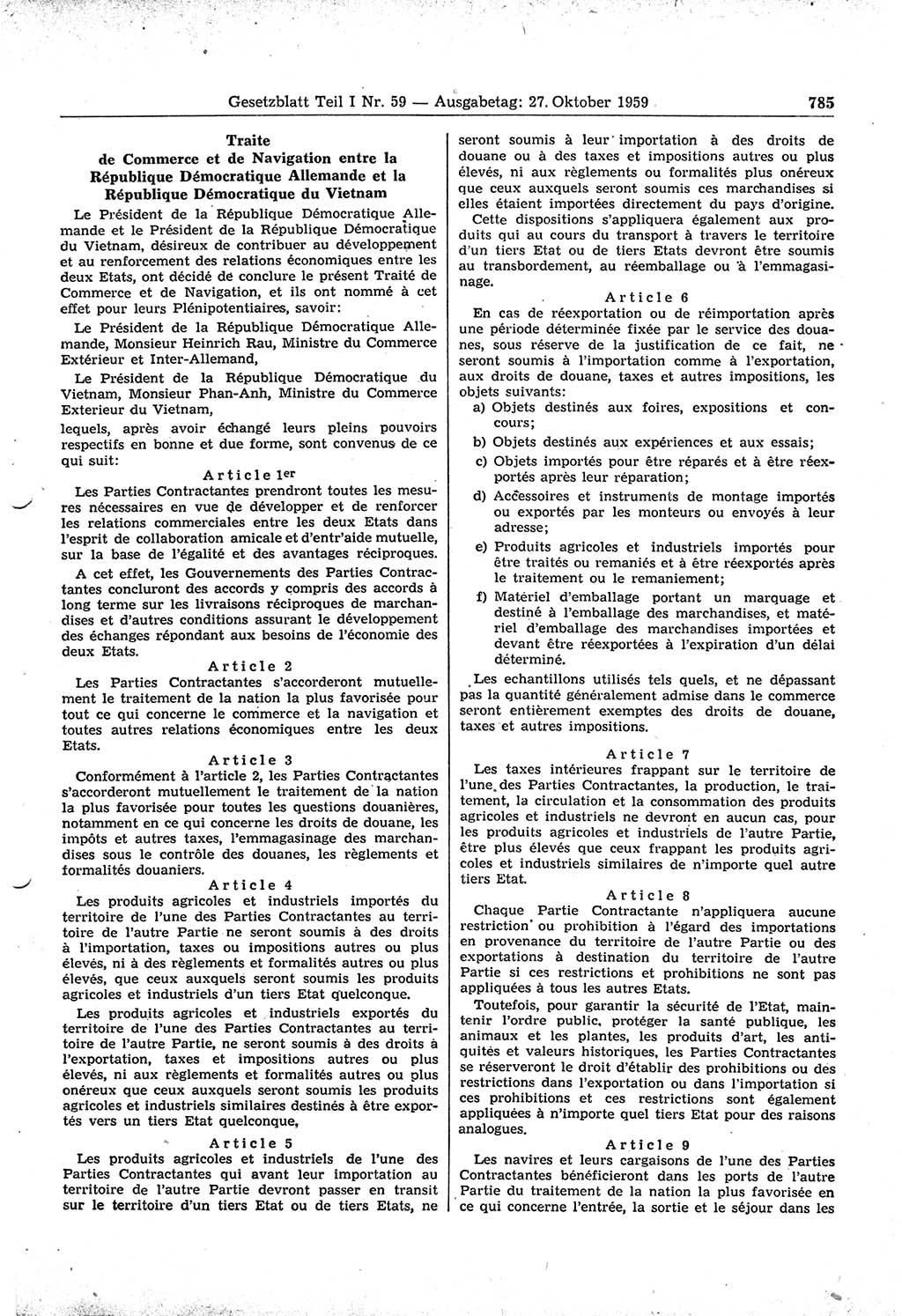 Gesetzblatt (GBl.) der Deutschen Demokratischen Republik (DDR) Teil Ⅰ 1959, Seite 785 (GBl. DDR Ⅰ 1959, S. 785)
