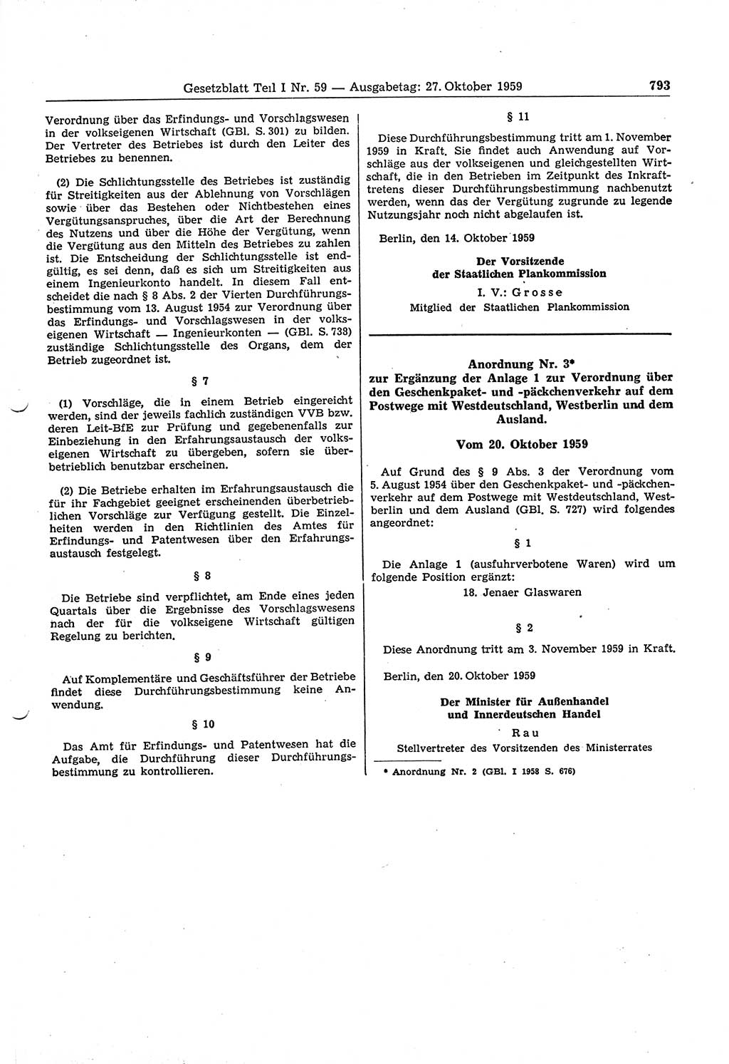 Gesetzblatt (GBl.) der Deutschen Demokratischen Republik (DDR) Teil Ⅰ 1959, Seite 793 (GBl. DDR Ⅰ 1959, S. 793)