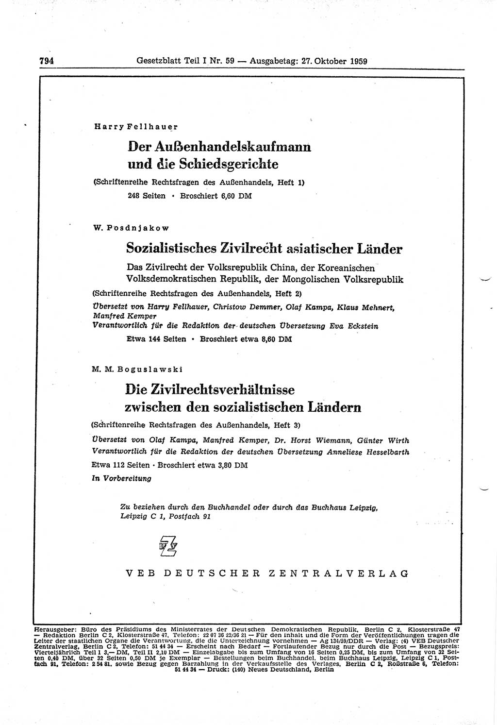 Gesetzblatt (GBl.) der Deutschen Demokratischen Republik (DDR) Teil Ⅰ 1959, Seite 794 (GBl. DDR Ⅰ 1959, S. 794)
