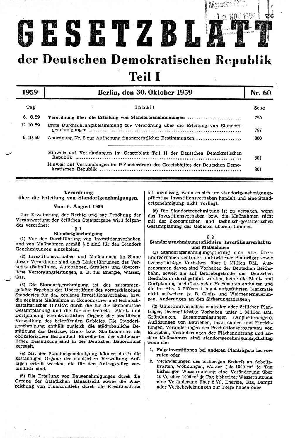 Gesetzblatt (GBl.) der Deutschen Demokratischen Republik (DDR) Teil Ⅰ 1959, Seite 795 (GBl. DDR Ⅰ 1959, S. 795)