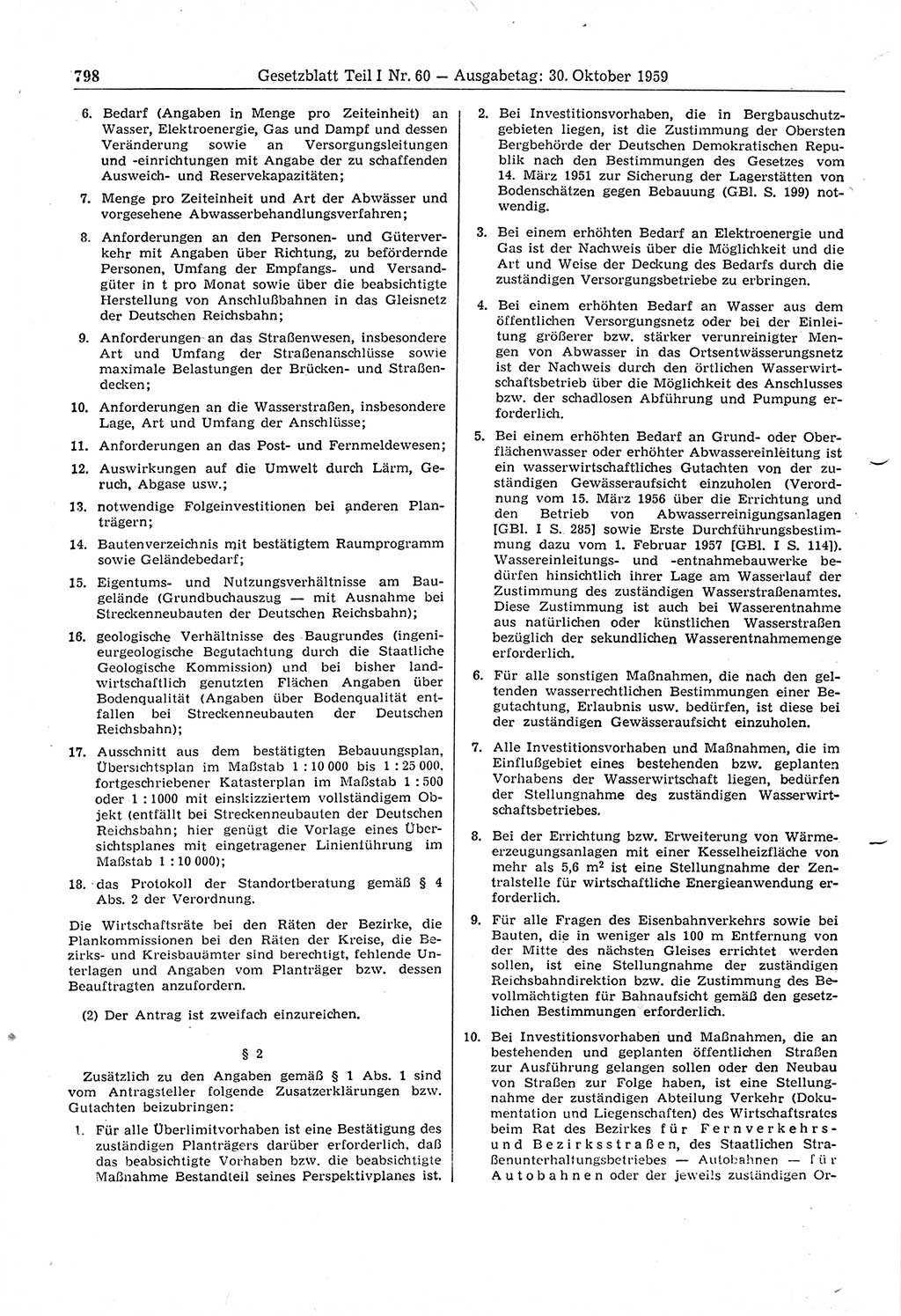Gesetzblatt (GBl.) der Deutschen Demokratischen Republik (DDR) Teil Ⅰ 1959, Seite 798 (GBl. DDR Ⅰ 1959, S. 798)