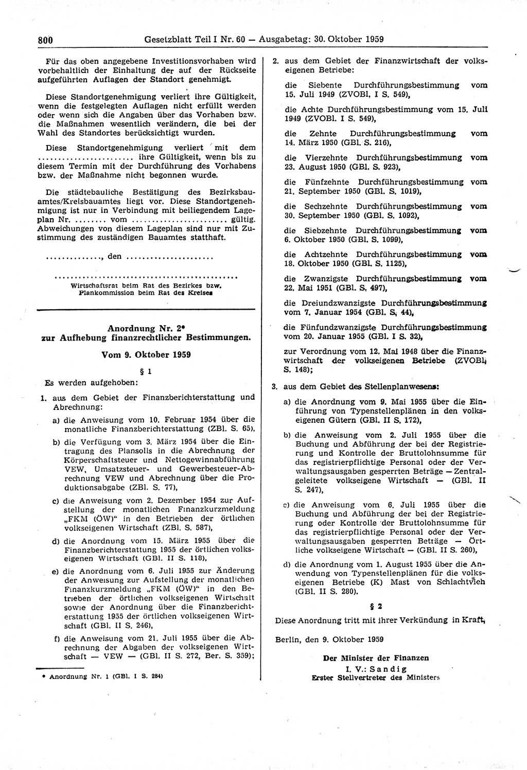 Gesetzblatt (GBl.) der Deutschen Demokratischen Republik (DDR) Teil Ⅰ 1959, Seite 800 (GBl. DDR Ⅰ 1959, S. 800)