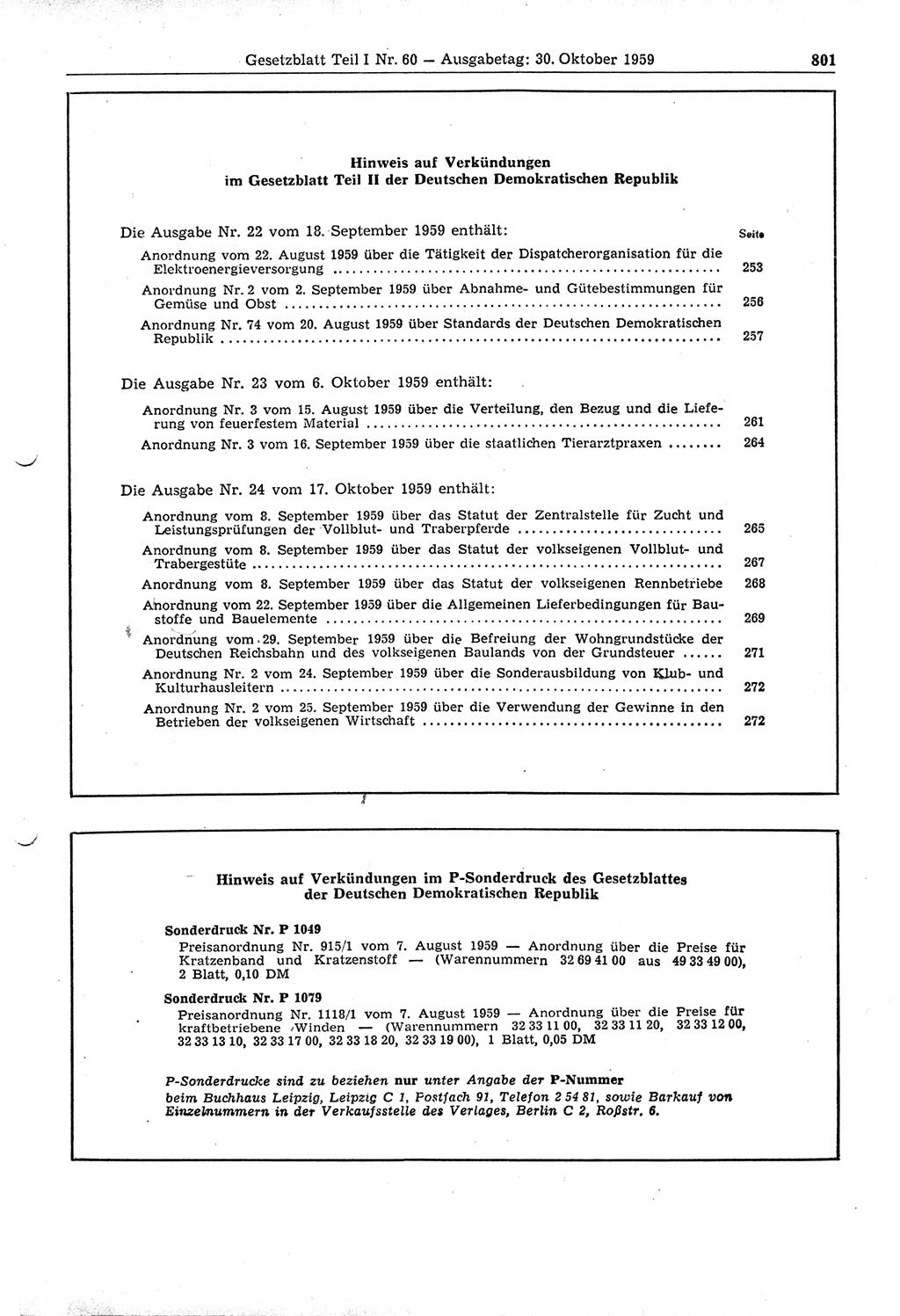 Gesetzblatt (GBl.) der Deutschen Demokratischen Republik (DDR) Teil Ⅰ 1959, Seite 801 (GBl. DDR Ⅰ 1959, S. 801)