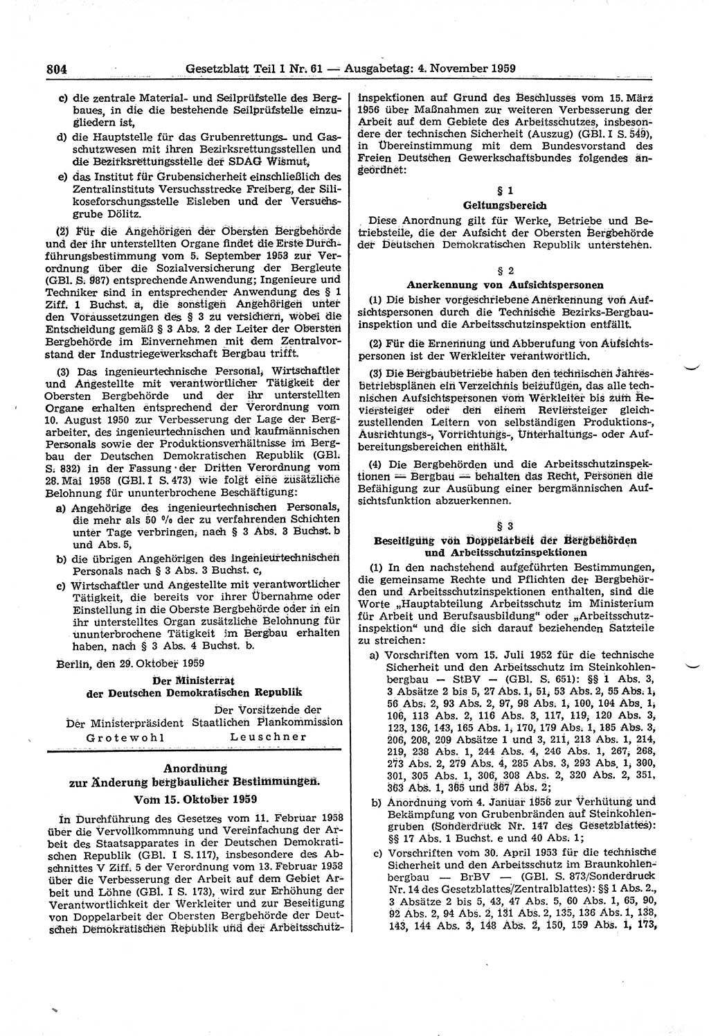 Gesetzblatt (GBl.) der Deutschen Demokratischen Republik (DDR) Teil Ⅰ 1959, Seite 804 (GBl. DDR Ⅰ 1959, S. 804)