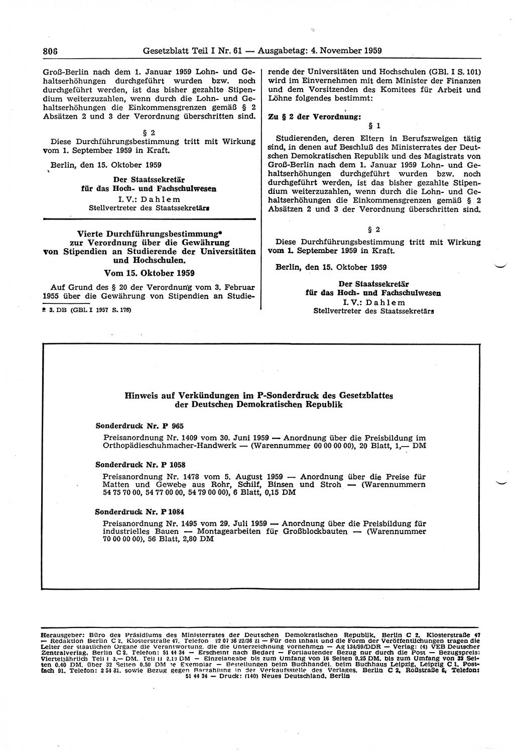 Gesetzblatt (GBl.) der Deutschen Demokratischen Republik (DDR) Teil Ⅰ 1959, Seite 806 (GBl. DDR Ⅰ 1959, S. 806)