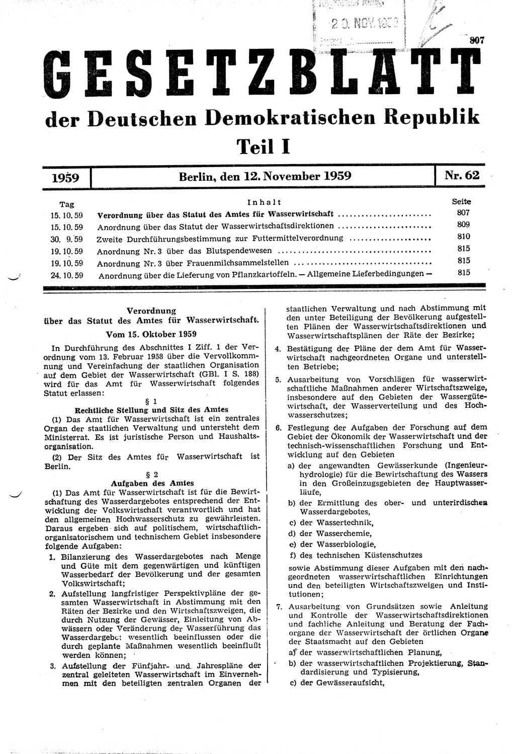 Gesetzblatt (GBl.) der Deutschen Demokratischen Republik (DDR) Teil Ⅰ 1959, Seite 807 (GBl. DDR Ⅰ 1959, S. 807)