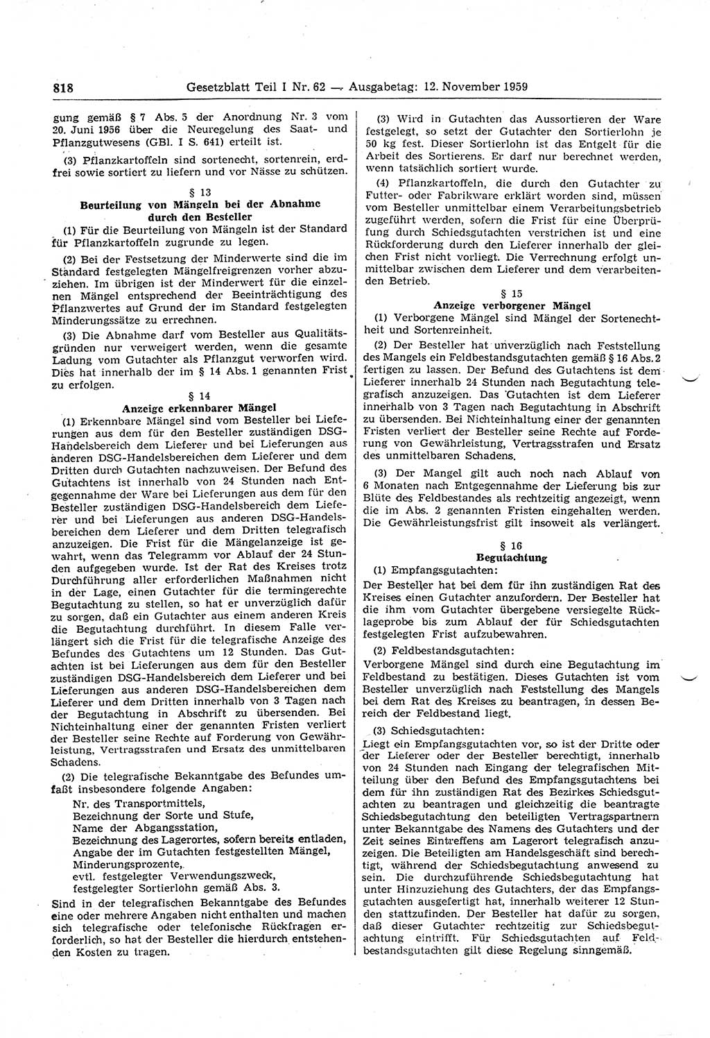 Gesetzblatt (GBl.) der Deutschen Demokratischen Republik (DDR) Teil Ⅰ 1959, Seite 818 (GBl. DDR Ⅰ 1959, S. 818)