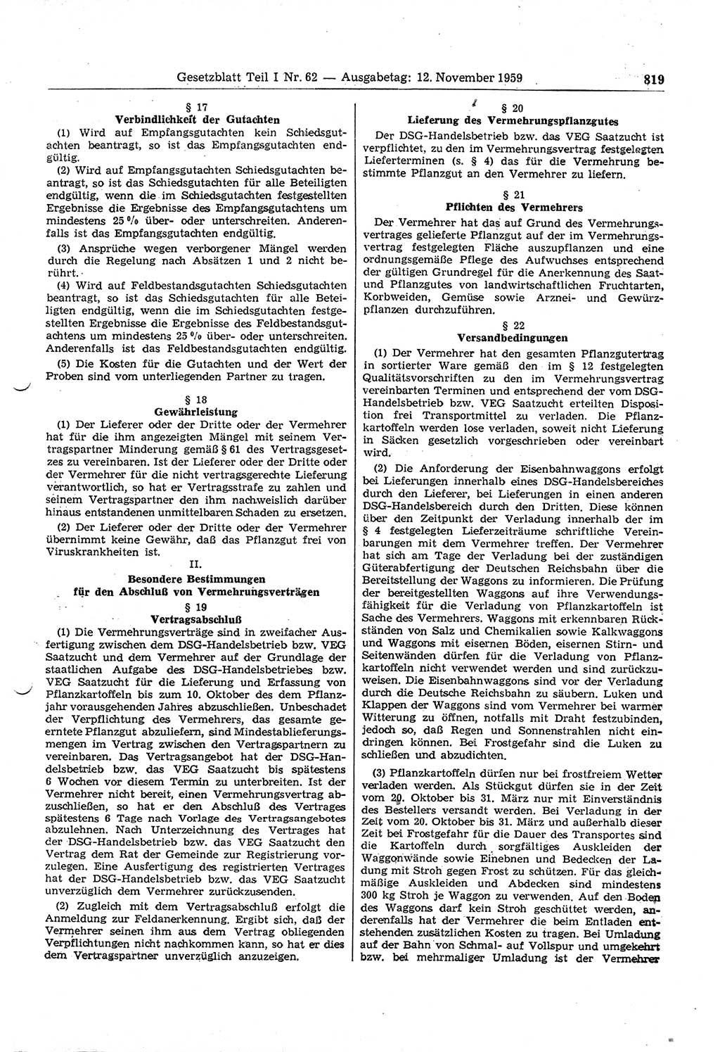 Gesetzblatt (GBl.) der Deutschen Demokratischen Republik (DDR) Teil Ⅰ 1959, Seite 819 (GBl. DDR Ⅰ 1959, S. 819)
