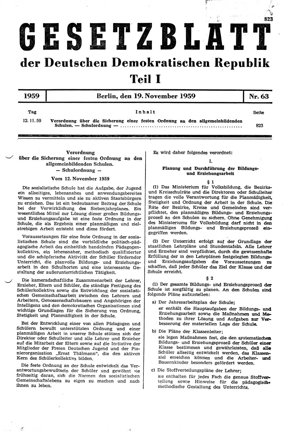 Gesetzblatt (GBl.) der Deutschen Demokratischen Republik (DDR) Teil Ⅰ 1959, Seite 823 (GBl. DDR Ⅰ 1959, S. 823)