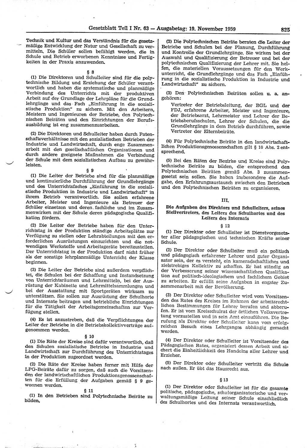Gesetzblatt (GBl.) der Deutschen Demokratischen Republik (DDR) Teil Ⅰ 1959, Seite 825 (GBl. DDR Ⅰ 1959, S. 825)
