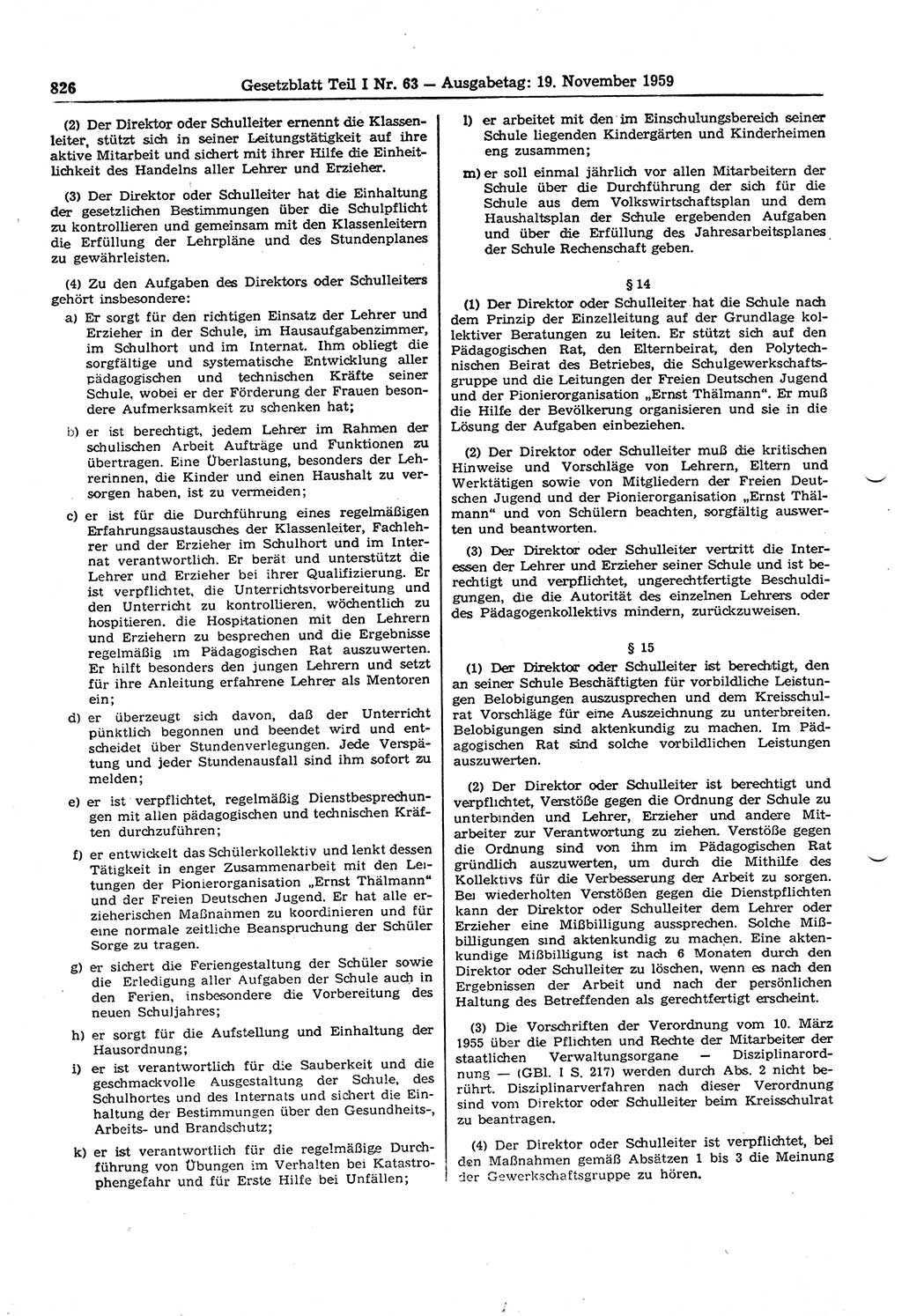 Gesetzblatt (GBl.) der Deutschen Demokratischen Republik (DDR) Teil Ⅰ 1959, Seite 826 (GBl. DDR Ⅰ 1959, S. 826)