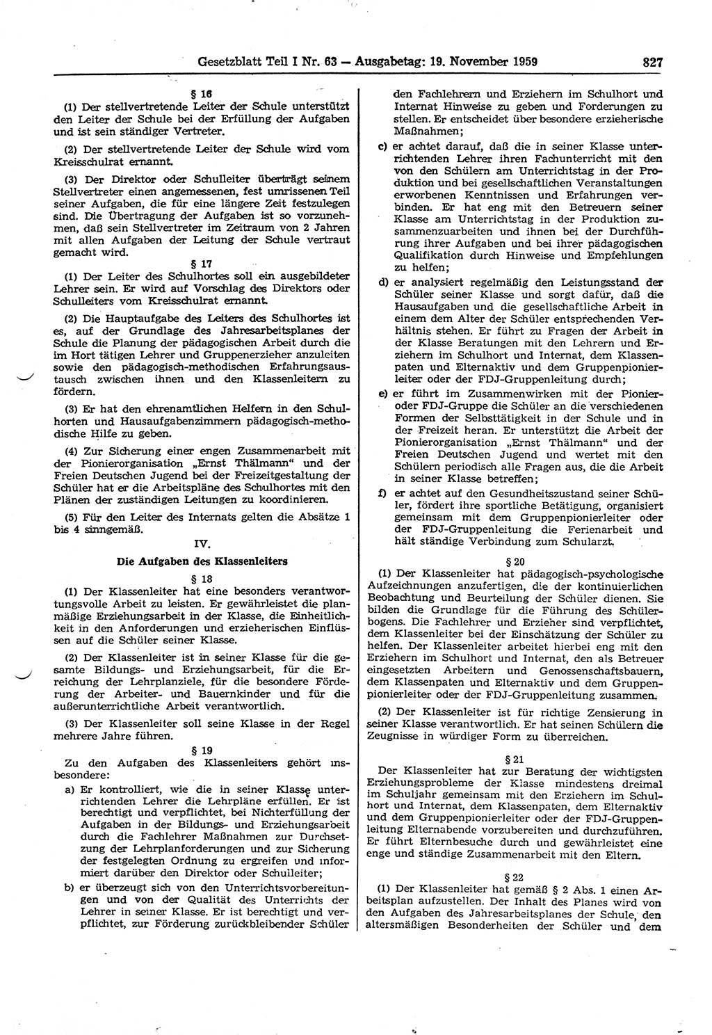 Gesetzblatt (GBl.) der Deutschen Demokratischen Republik (DDR) Teil Ⅰ 1959, Seite 827 (GBl. DDR Ⅰ 1959, S. 827)