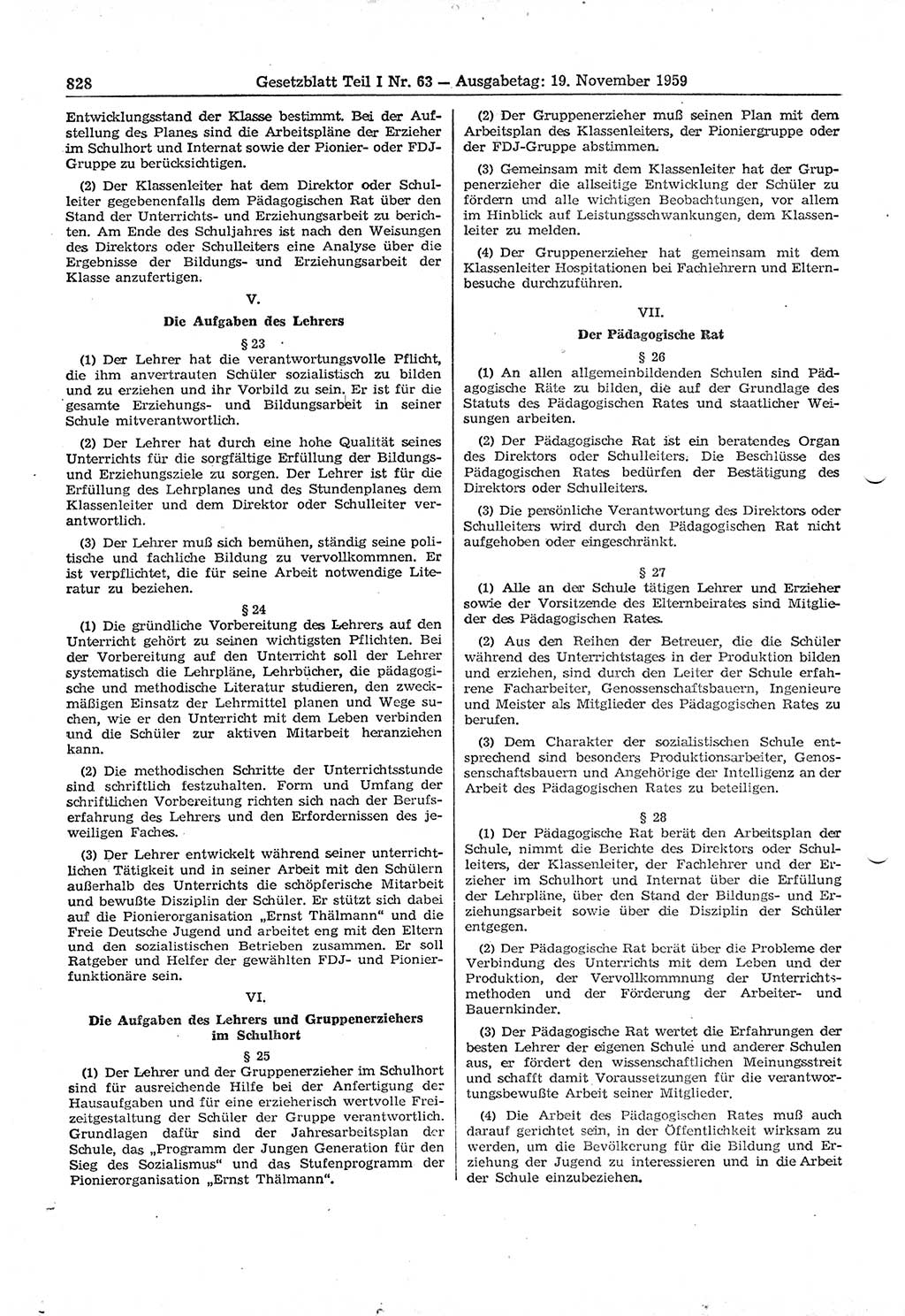 Gesetzblatt (GBl.) der Deutschen Demokratischen Republik (DDR) Teil Ⅰ 1959, Seite 828 (GBl. DDR Ⅰ 1959, S. 828)