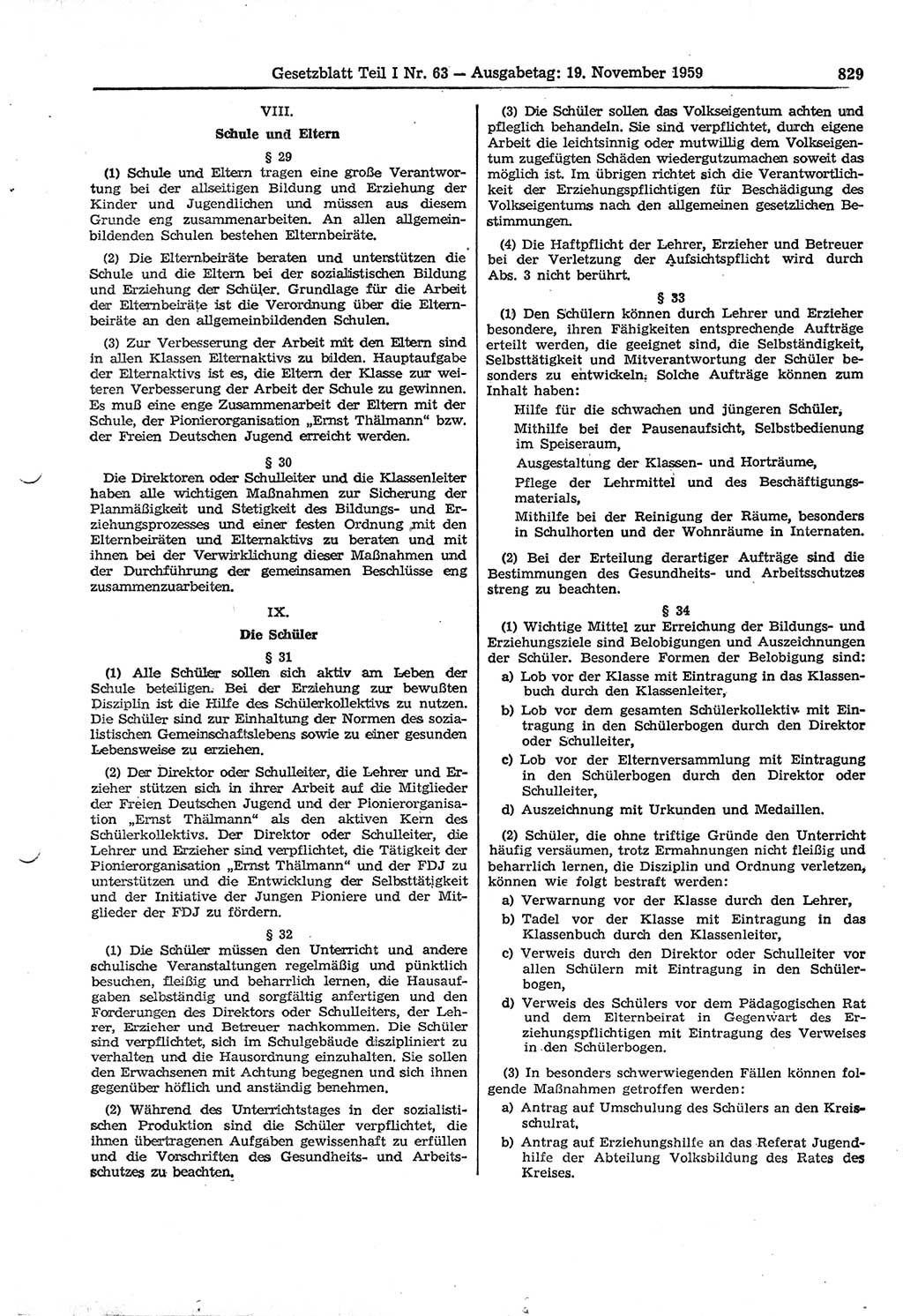 Gesetzblatt (GBl.) der Deutschen Demokratischen Republik (DDR) Teil Ⅰ 1959, Seite 829 (GBl. DDR Ⅰ 1959, S. 829)