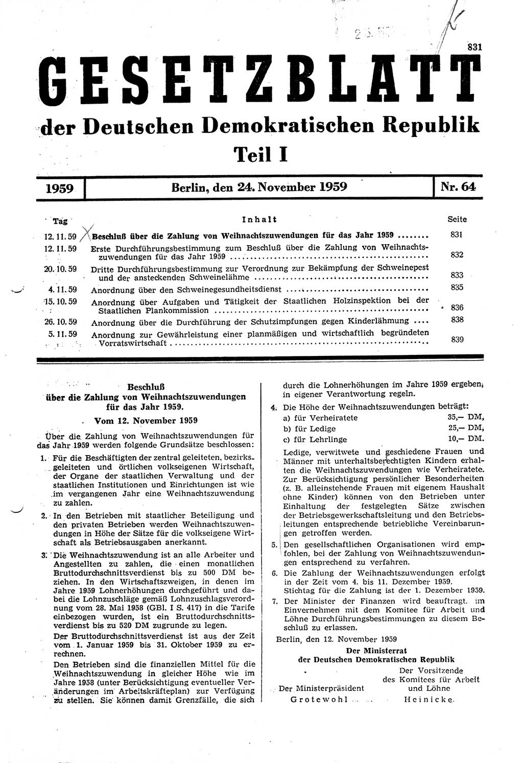 Gesetzblatt (GBl.) der Deutschen Demokratischen Republik (DDR) Teil Ⅰ 1959, Seite 831 (GBl. DDR Ⅰ 1959, S. 831)