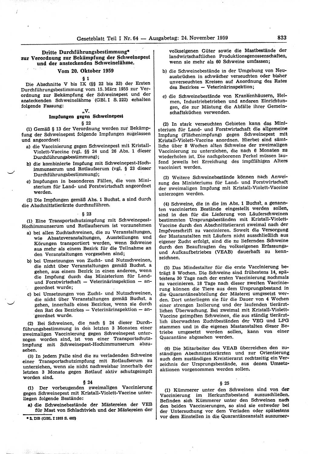 Gesetzblatt (GBl.) der Deutschen Demokratischen Republik (DDR) Teil Ⅰ 1959, Seite 833 (GBl. DDR Ⅰ 1959, S. 833)