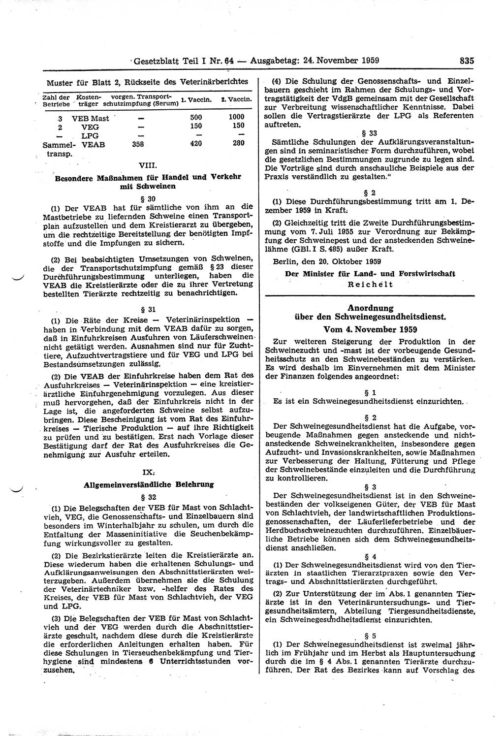 Gesetzblatt (GBl.) der Deutschen Demokratischen Republik (DDR) Teil Ⅰ 1959, Seite 835 (GBl. DDR Ⅰ 1959, S. 835)