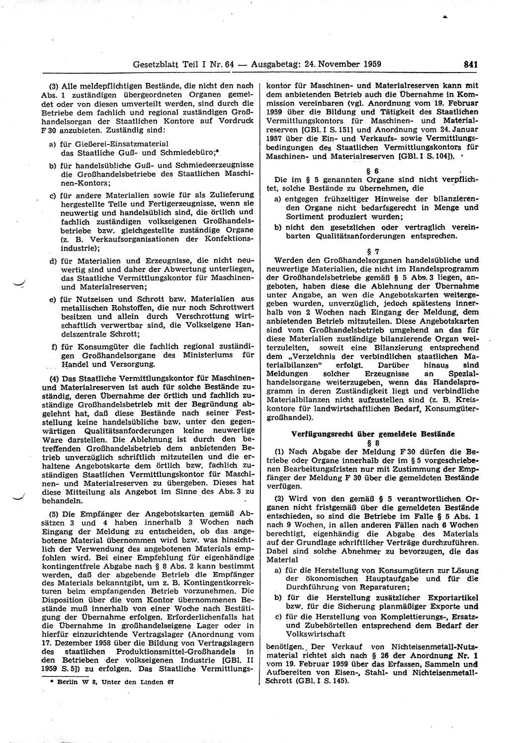 Gesetzblatt (GBl.) der Deutschen Demokratischen Republik (DDR) Teil Ⅰ 1959, Seite 841 (GBl. DDR Ⅰ 1959, S. 841)