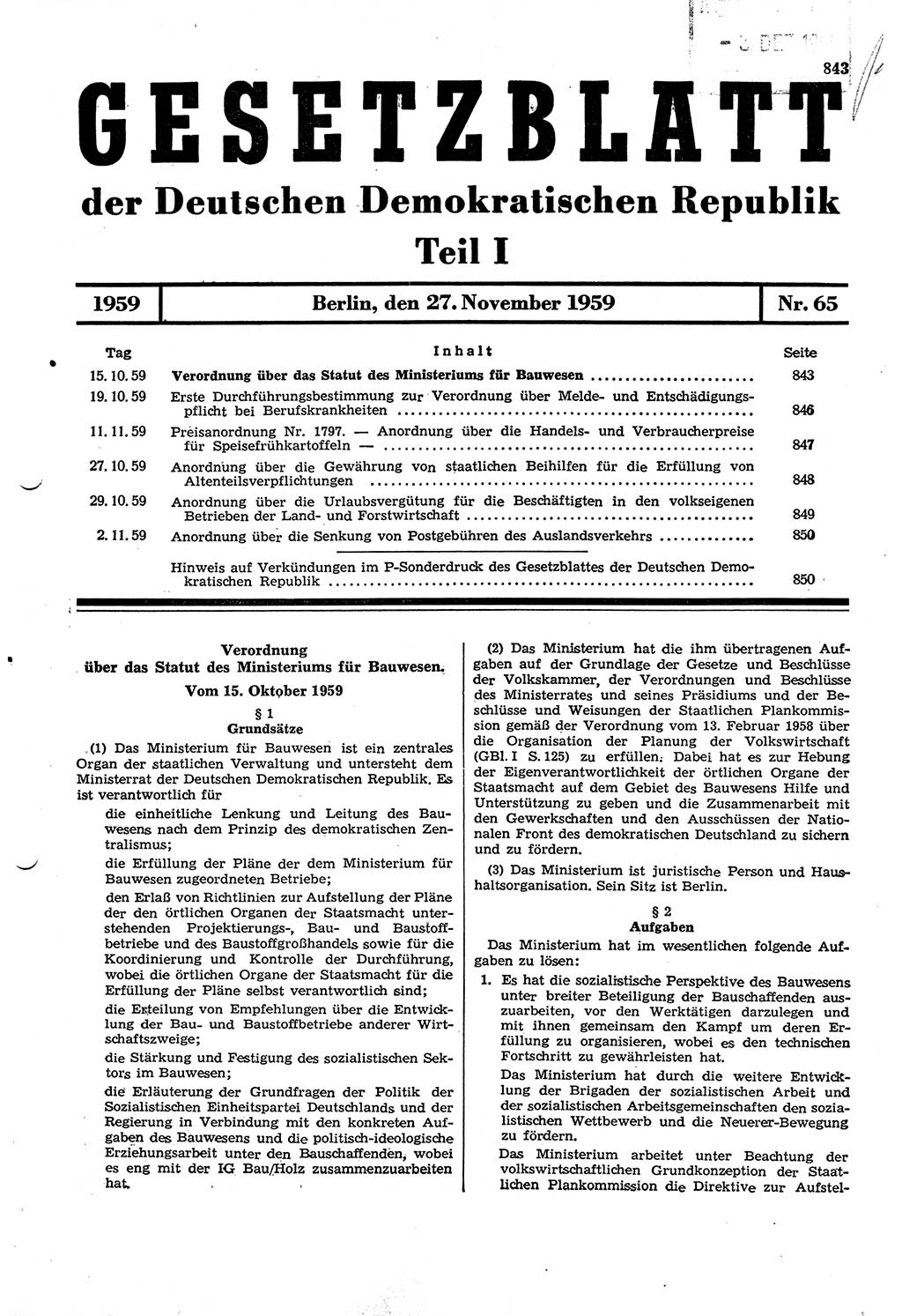 Gesetzblatt (GBl.) der Deutschen Demokratischen Republik (DDR) Teil Ⅰ 1959, Seite 843 (GBl. DDR Ⅰ 1959, S. 843)
