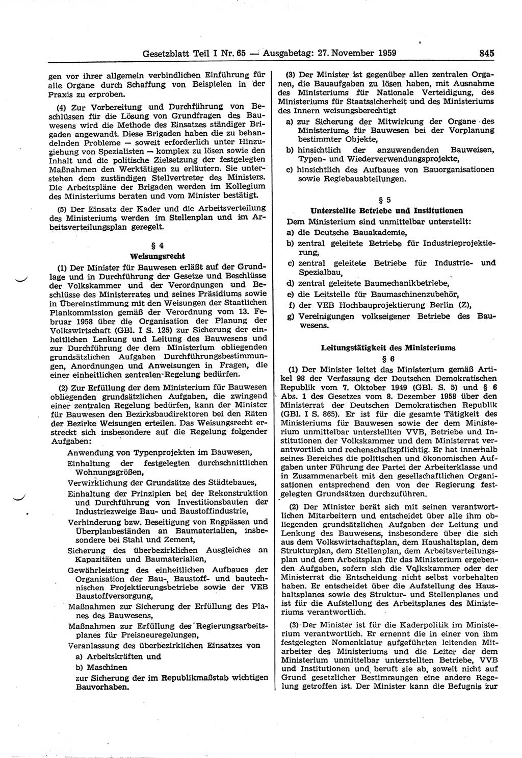 Gesetzblatt (GBl.) der Deutschen Demokratischen Republik (DDR) Teil Ⅰ 1959, Seite 845 (GBl. DDR Ⅰ 1959, S. 845)