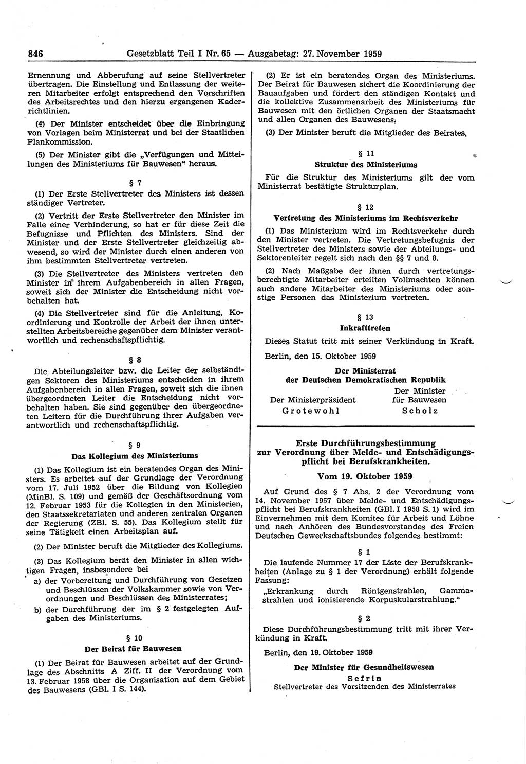 Gesetzblatt (GBl.) der Deutschen Demokratischen Republik (DDR) Teil Ⅰ 1959, Seite 846 (GBl. DDR Ⅰ 1959, S. 846)