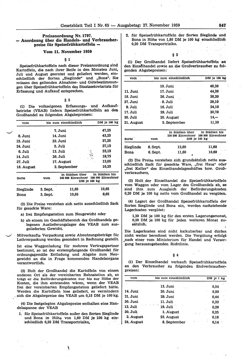 Gesetzblatt (GBl.) der Deutschen Demokratischen Republik (DDR) Teil Ⅰ 1959, Seite 847 (GBl. DDR Ⅰ 1959, S. 847)