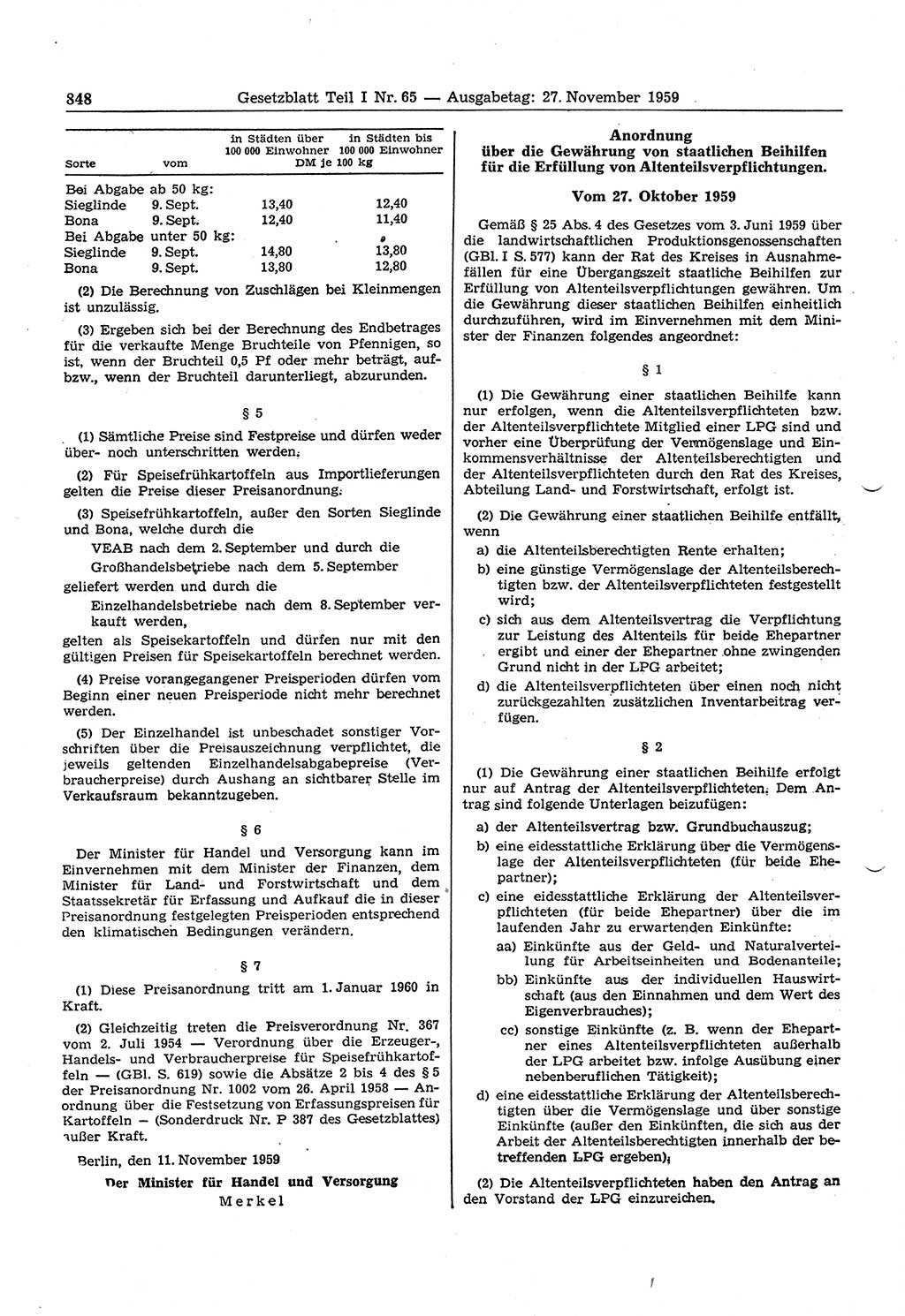 Gesetzblatt (GBl.) der Deutschen Demokratischen Republik (DDR) Teil Ⅰ 1959, Seite 848 (GBl. DDR Ⅰ 1959, S. 848)