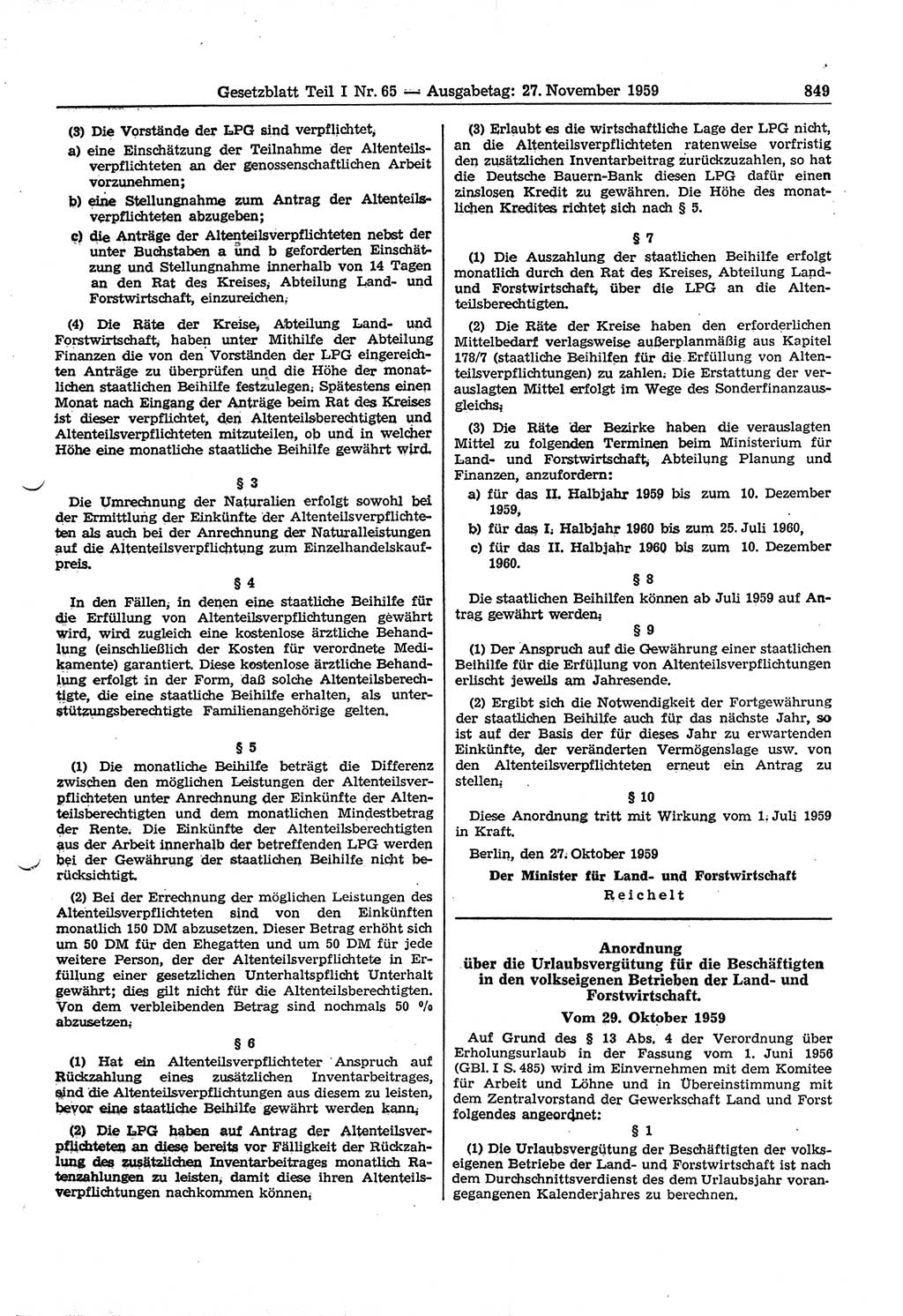 Gesetzblatt (GBl.) der Deutschen Demokratischen Republik (DDR) Teil Ⅰ 1959, Seite 849 (GBl. DDR Ⅰ 1959, S. 849)